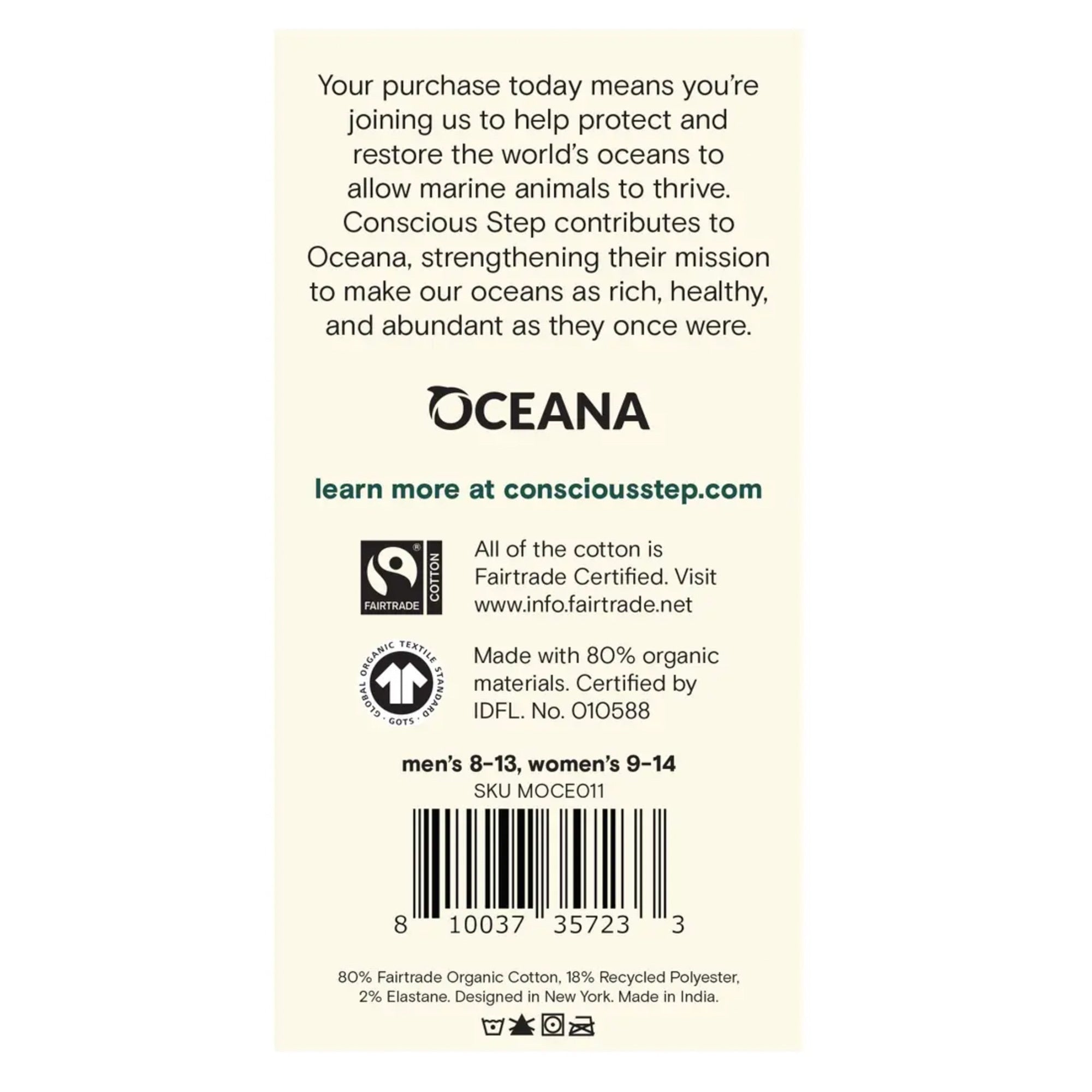 The image shows the back of a product tag. The tag states that the purchase helps protect and restore the world's oceans through a contribution to Oceana. It notes that the socks are made with 80% Fairtrade Organic Cotton, 18% Recycled Polyester and 2% Elastane.