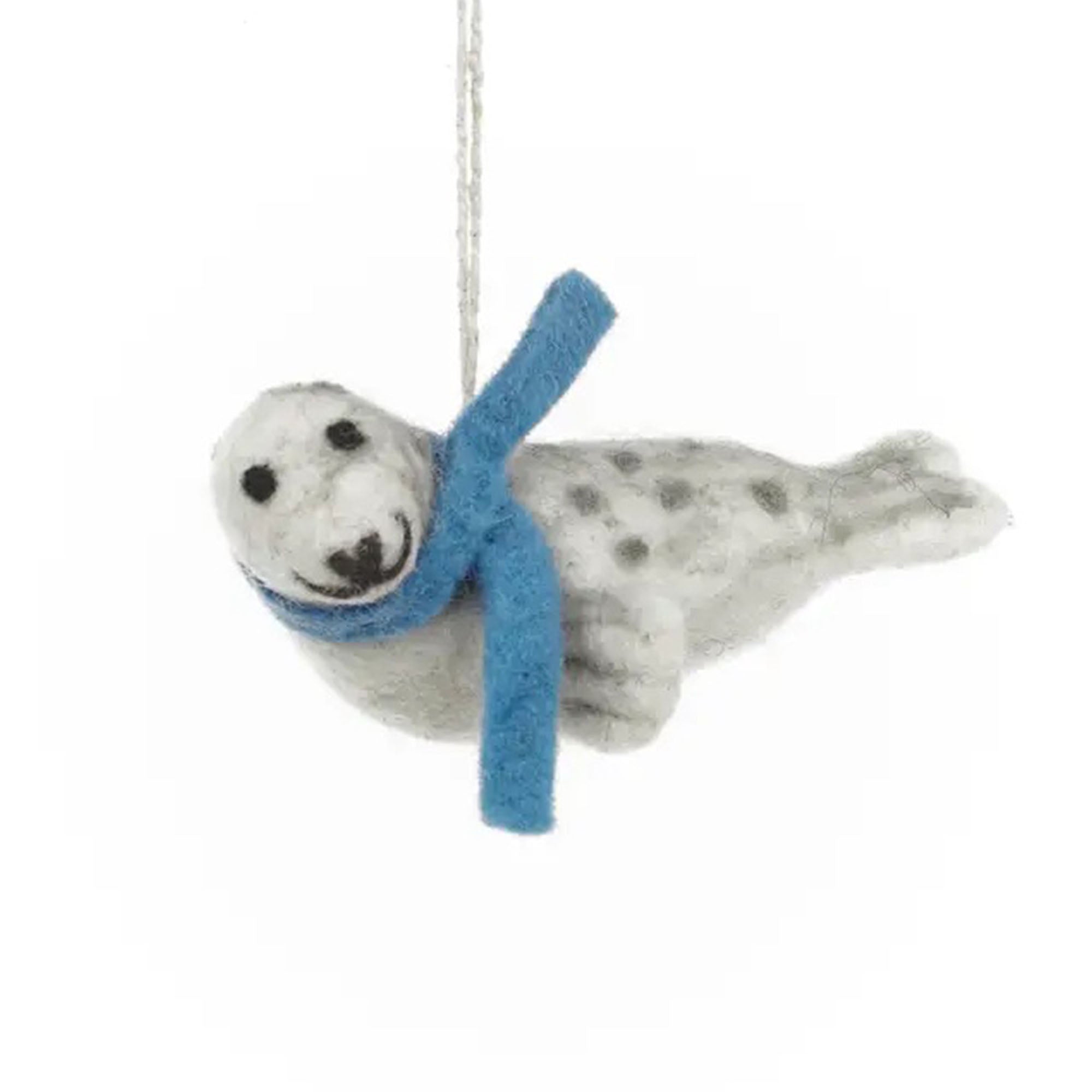 Hanging felt Seal ornament with a blue scarf on a white background