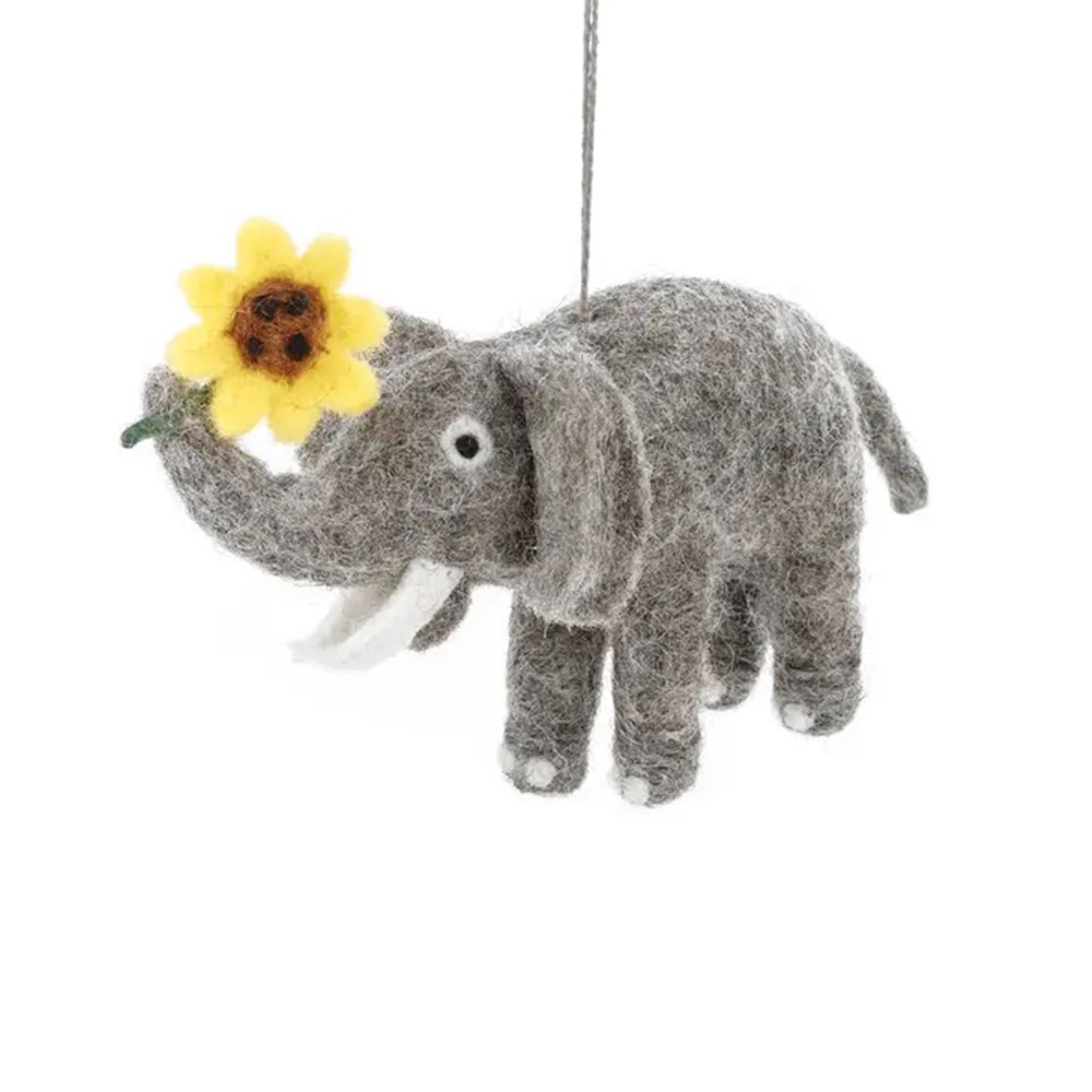 Gray elephant hanging felt with a yellow flower on a white background