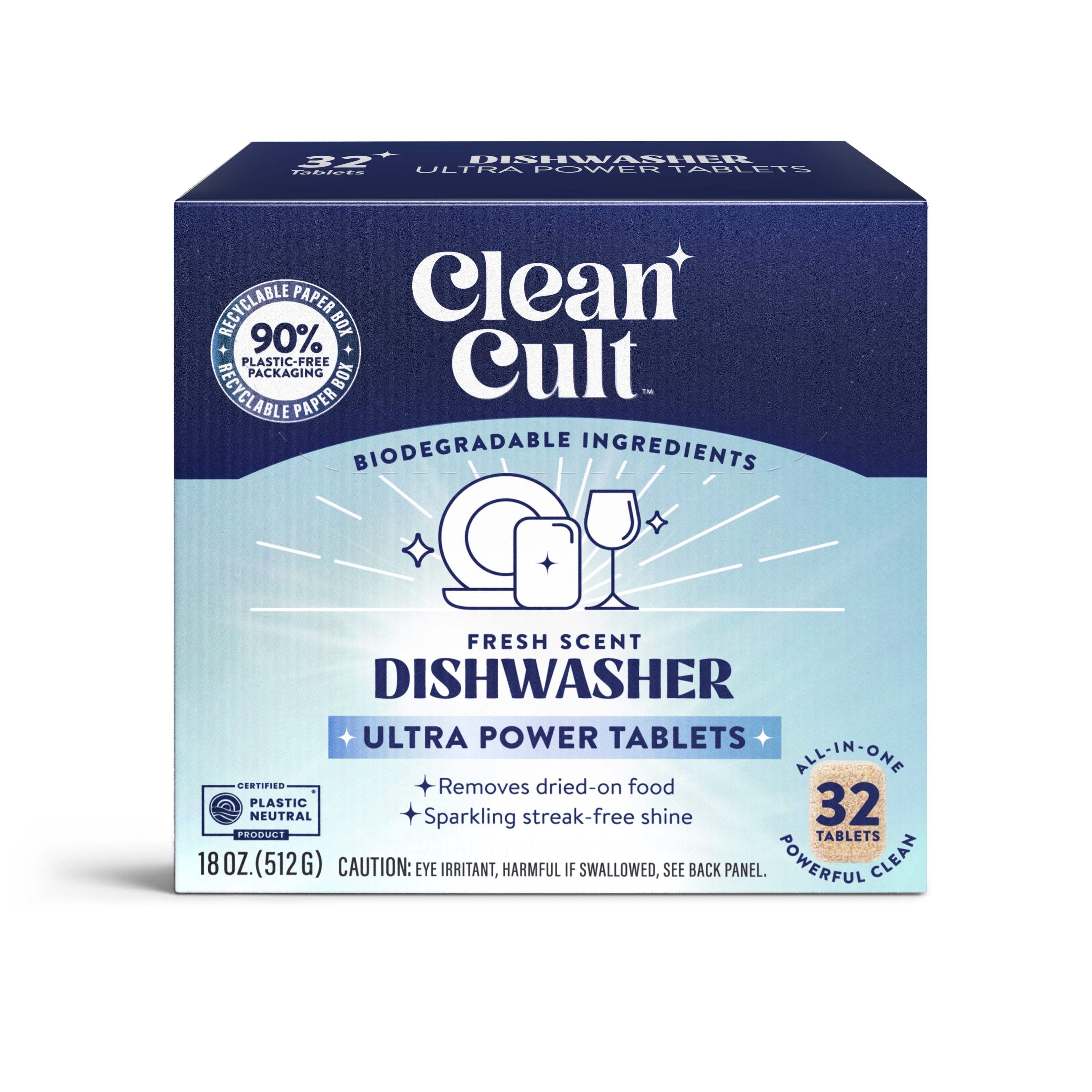 The packaging for Clean Cult Dishwasher Ultra Power Tablets is shown, a striking blue box with a modern, minimalist design. The box proudly highlights its eco-friendly credentials, features '90% Plastic-Free Packaging', in addition to being a 'Certified Plastic Neutral Product'. The front of the box also promises to be an 'All-in-One' solution, with 'Biodegradable Ingredients'. It contains a generous amount of '32+ tablets', ensuring a lasting supply for household chores.