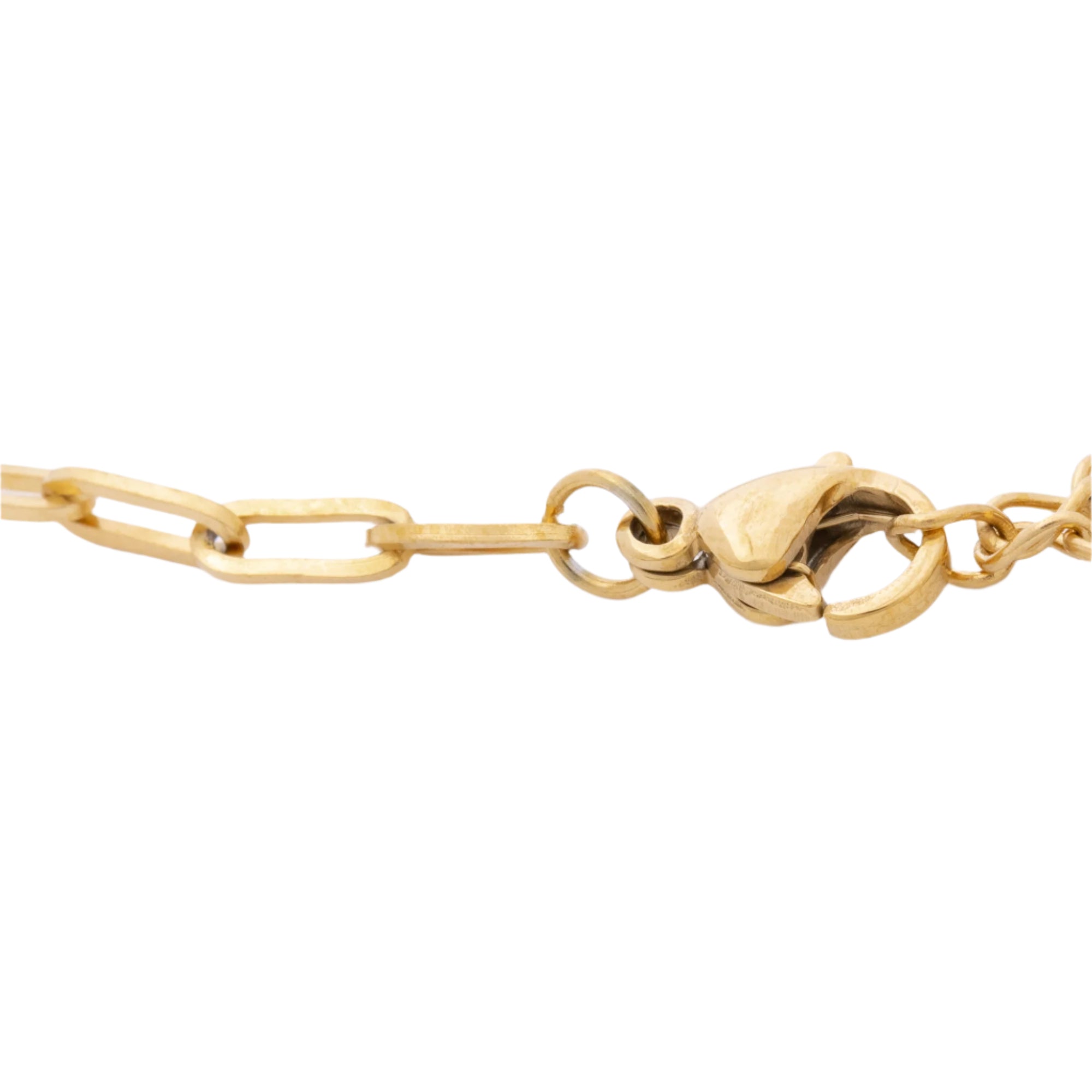 A close-up view of the lobster clasp closure on a recycled 14K gold and stainless steel bracelet, highlighting the fine craftsmanship and secure, durable design of this eco-friendly accessory.