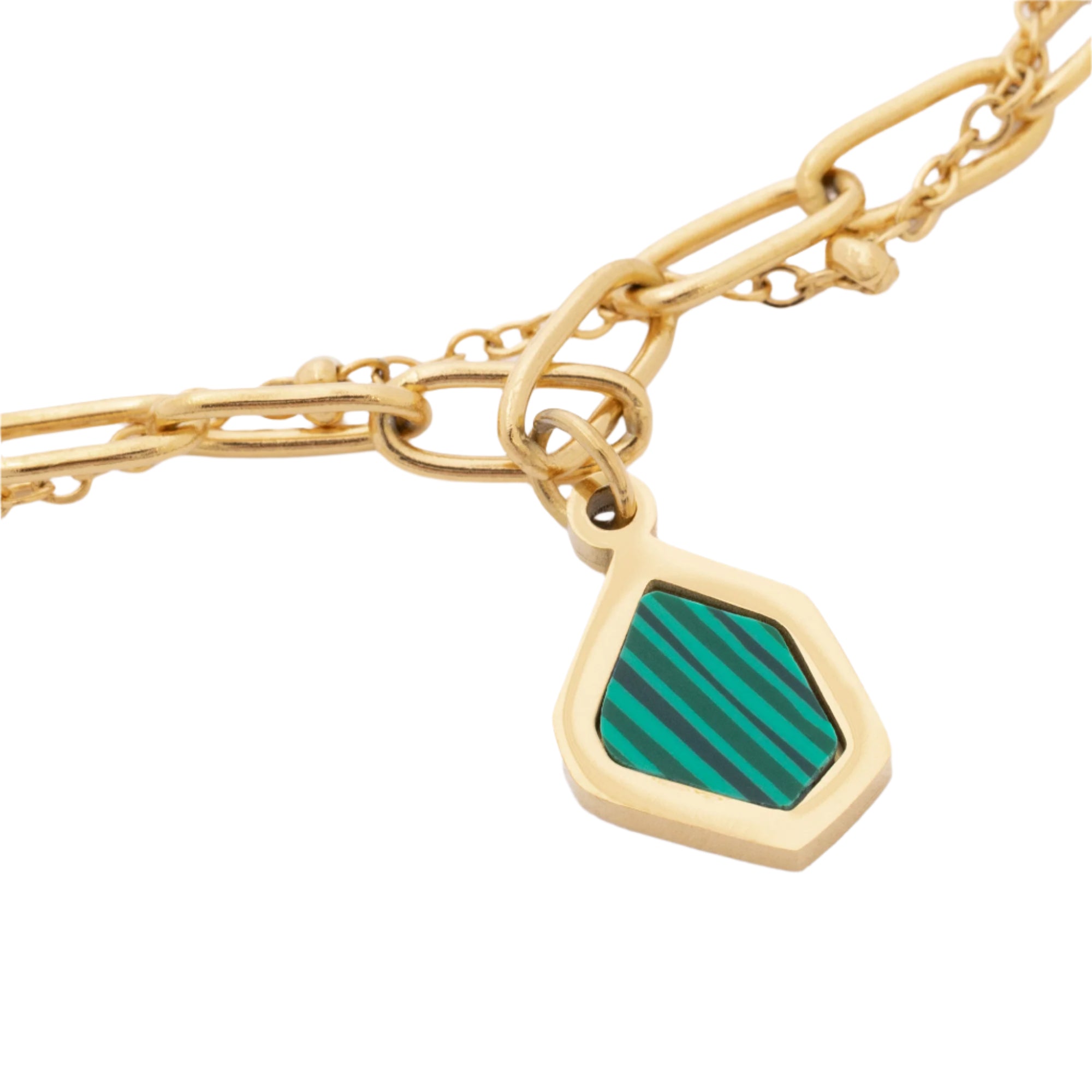 A minimalist sea glass charm bracelet crafted with recycled gold and stainless steel, combining natural beauty with eco-conscious craftsmanship.
