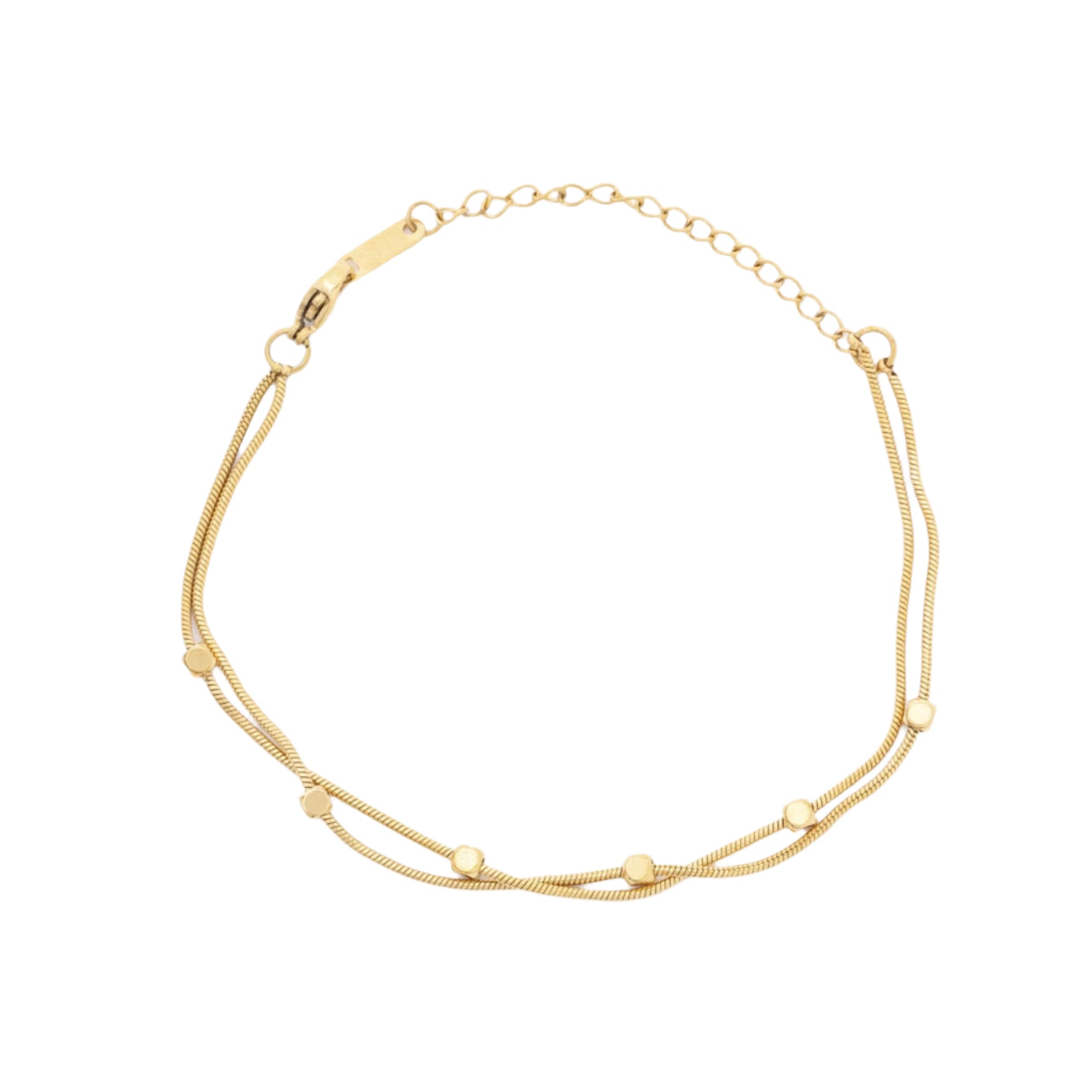 A stylish recycled 14K gold double strand bracelet featuring delicate gold dot accents, handcrafted and water-resistant for sustainable everyday elegance.
