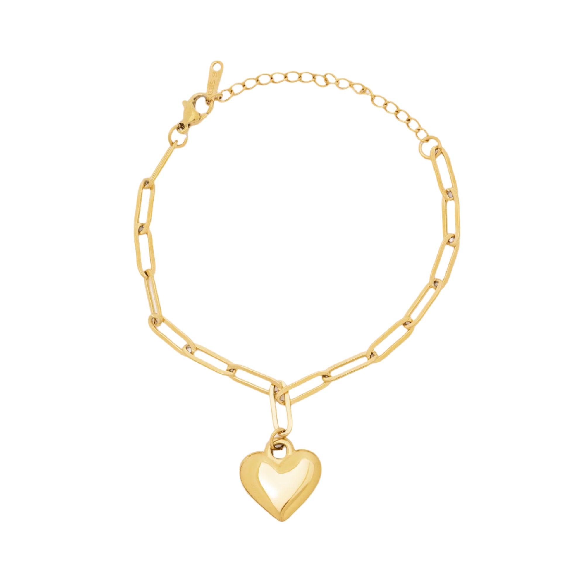 A delicate recycled 14K gold chain bracelet with a charming heart pendant, handcrafted and water-resistant for everyday wear with an eco-conscious touch.