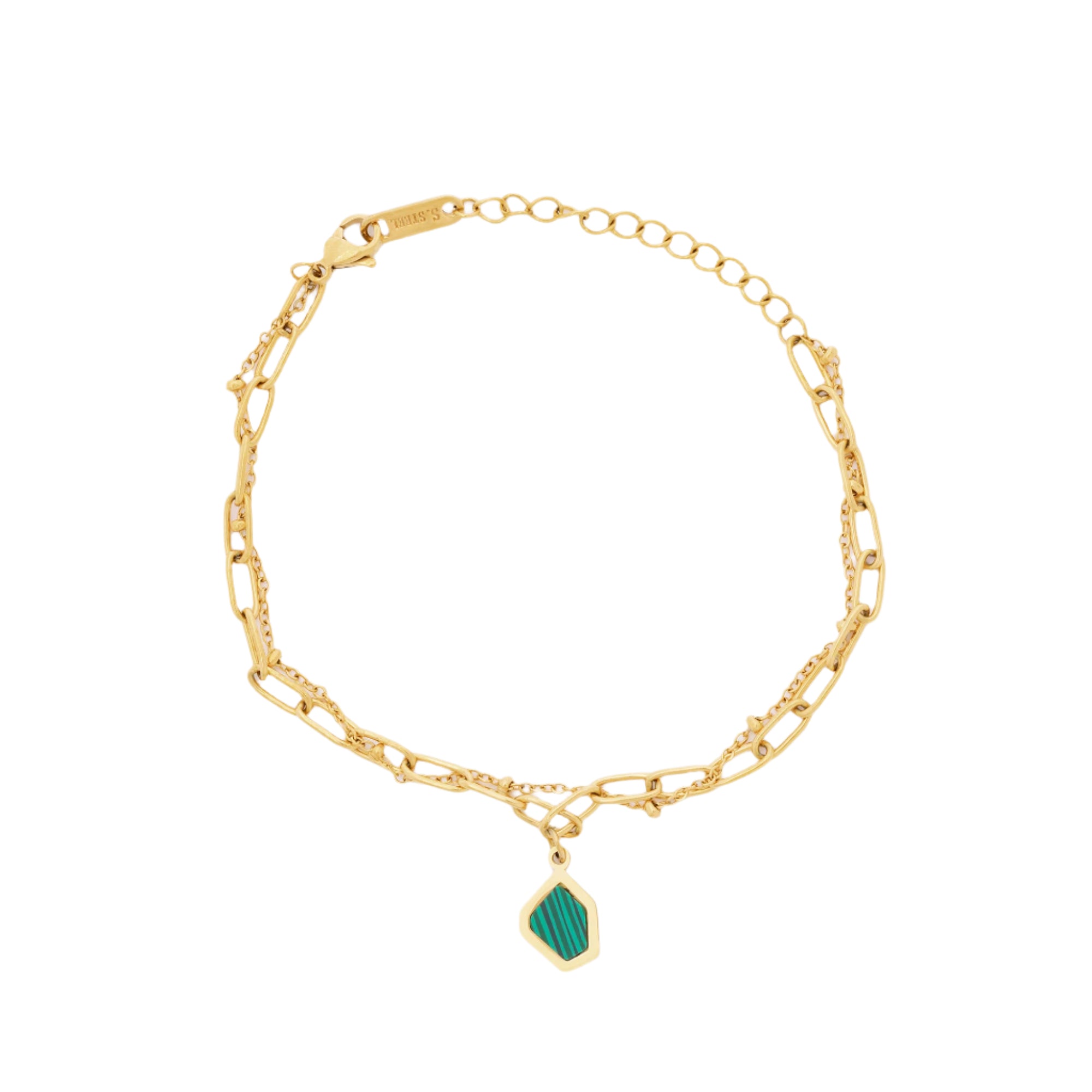 A handcrafted bracelet made from recycled 14K gold and stainless steel, featuring a natural malachite sea glass charm. Lightweight, polished, and water-safe, it’s a beautiful reminder of the ocean’s serenity.