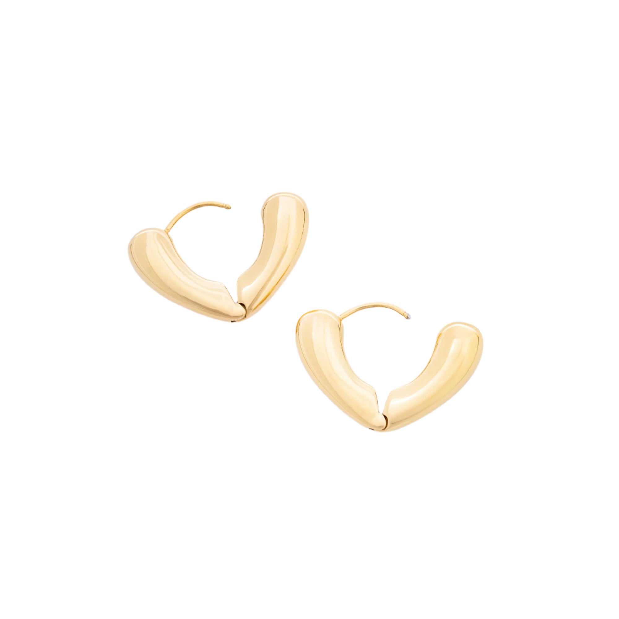 Close-up of polished Huggie Heart earrings, designed with care from recycled metals. Their playful charm and water-resistant shine make them perfect for everyday wear.