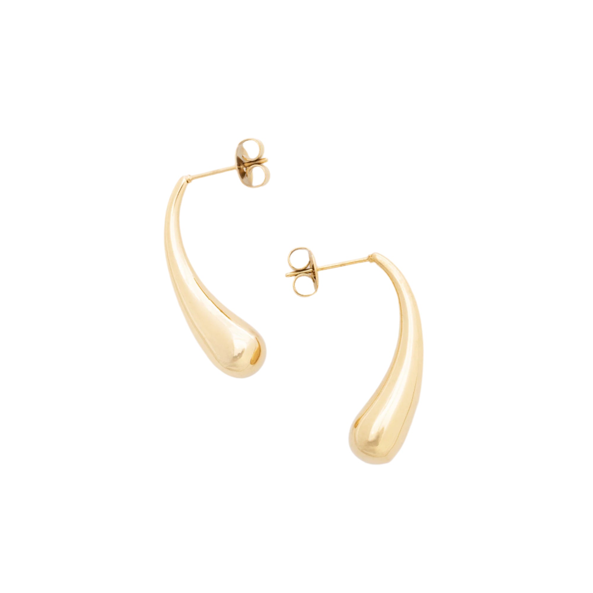 A pair of Water Drop earrings, inspired by the ocean and crafted from recycled 14K gold and stainless steel. Their simple, slender silhouette glows softly against a neutral background.