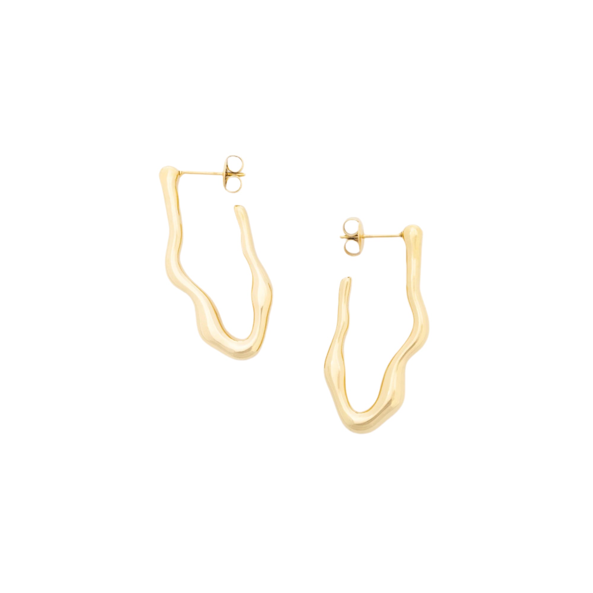 A pair of recycled gold Water Fall earrings, featuring a delicate cascade design that catches the light. Displayed on a neutral background to emphasize their elegant movement.