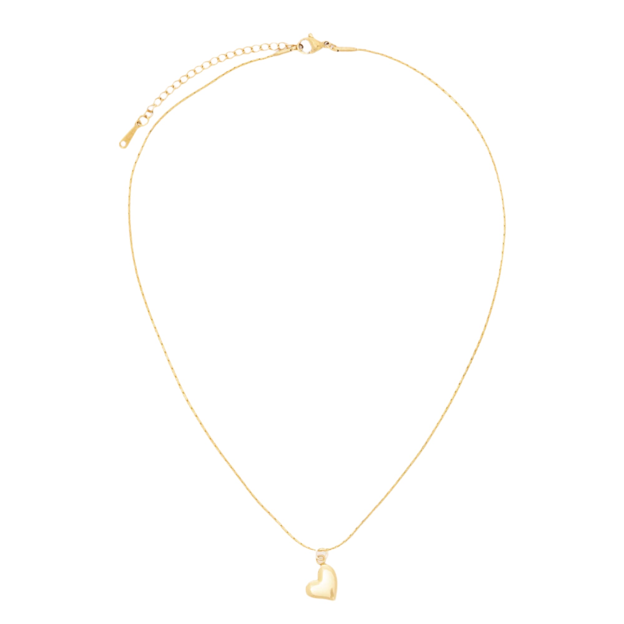 A delicate gold heart pendant necklace displayed on a clean white surface, embodying love for the ocean and sustainable style.