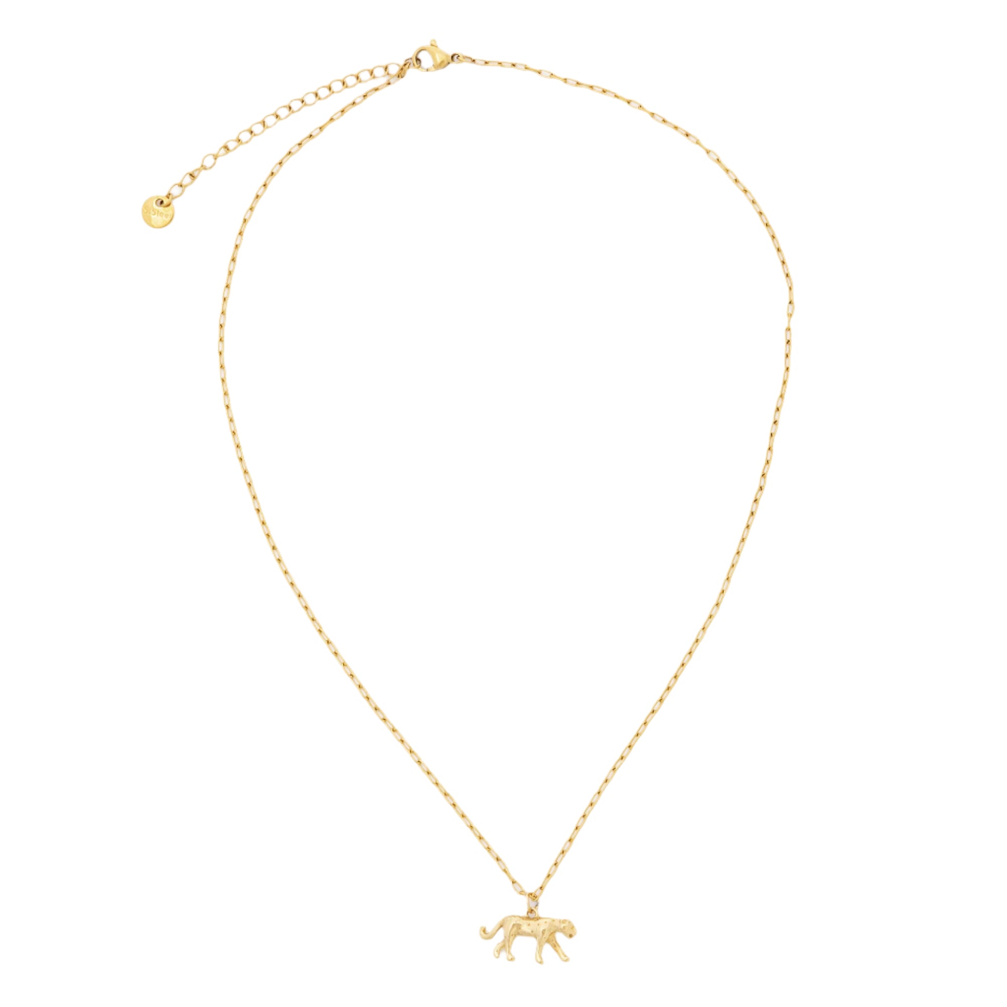 A gold tiger pendant necklace resting elegantly against a white background, highlighting its polished finish and eco-conscious craftsmanship.