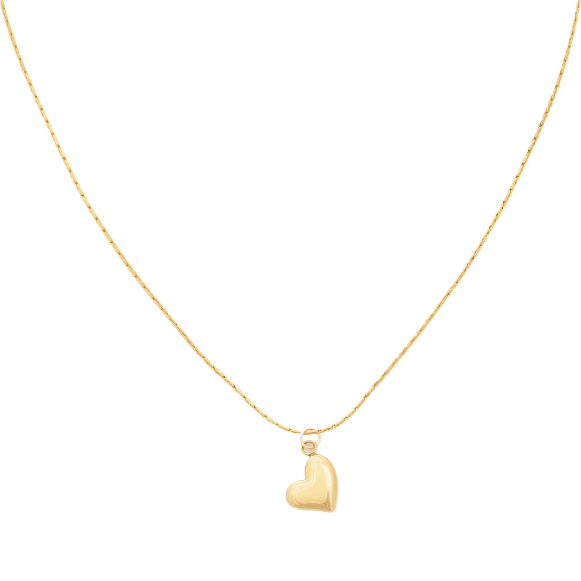 Elegant gold heart necklace hanging from a slender chain, symbolizing care for the sea and responsible fashion.