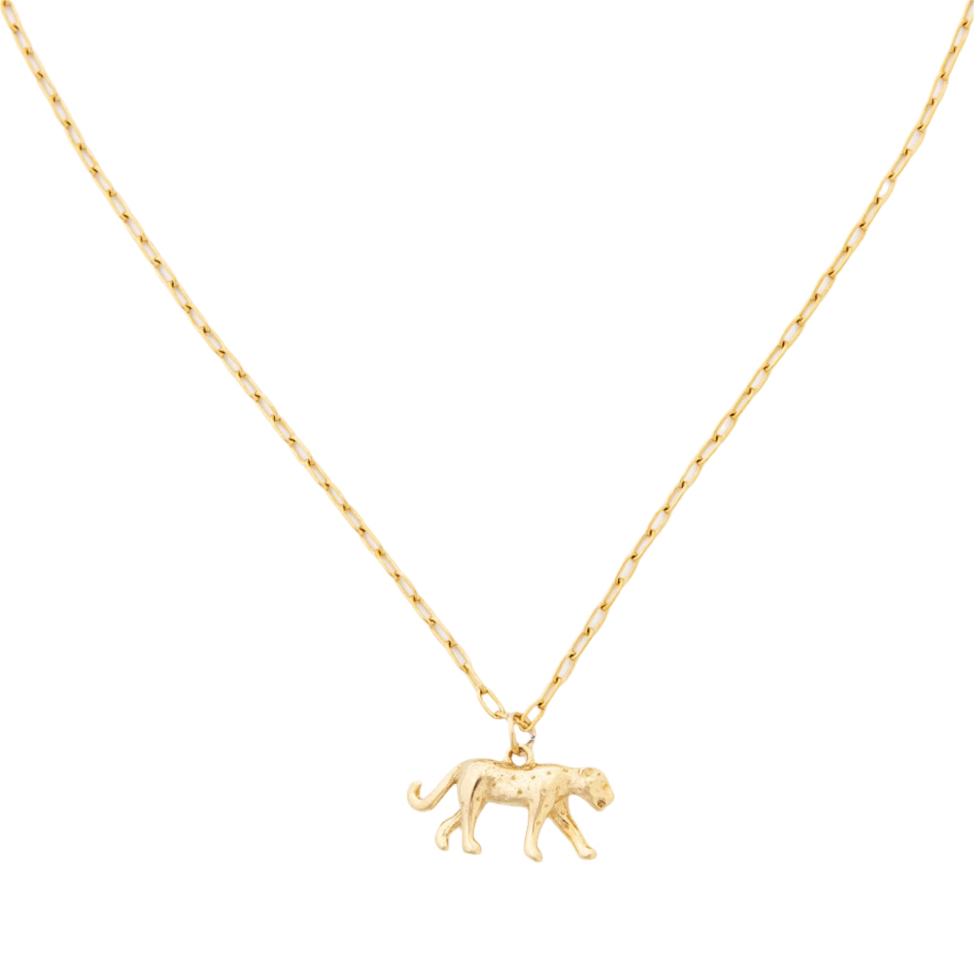 Close-up of a gold chain necklace featuring a detailed tiger pendant, symbolizing strength and wildlife conservation.