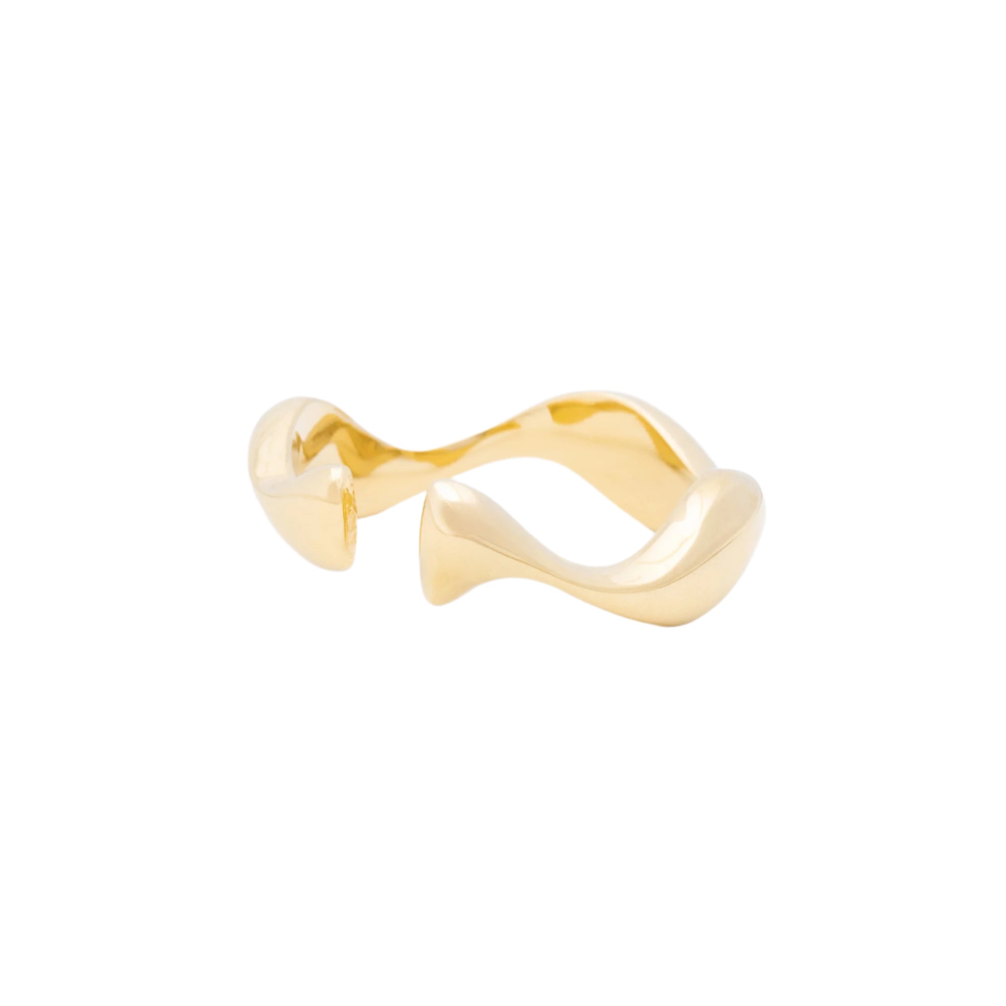 A gold Water Fall ring displayed on a white surface, highlighting its unique, fluid design and sustainable craftsmanship.