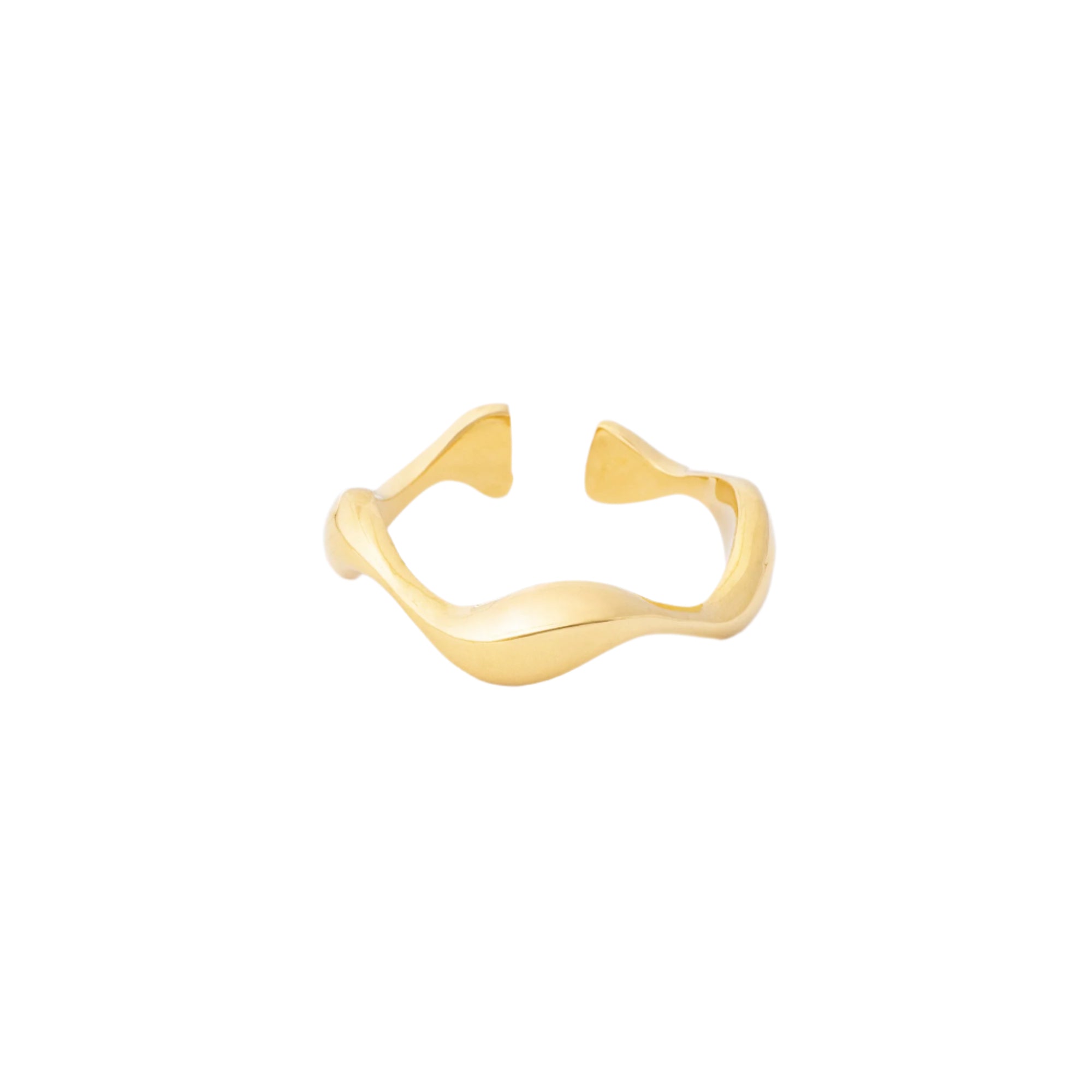 Close-up of the Water Fall gold ring resting on a clean white background, showcasing its flowing, elegant curves and polished finish.