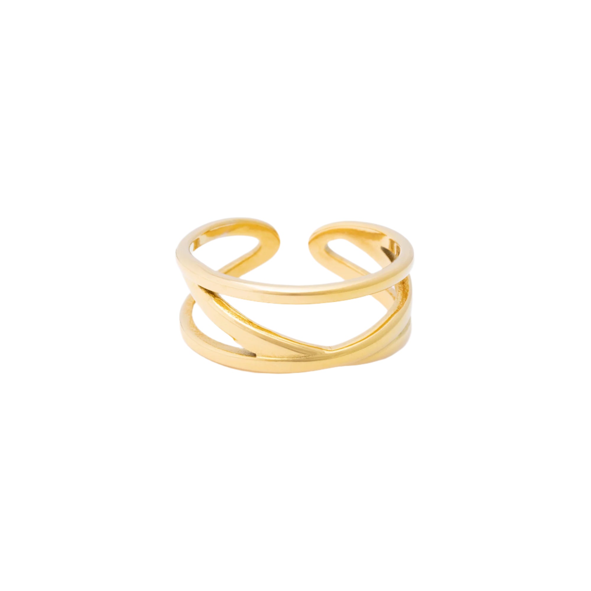 A close-up of the Connection ring in gold, symbolizing unity with its sleek, intertwined design, set against a minimalist white backdrop.