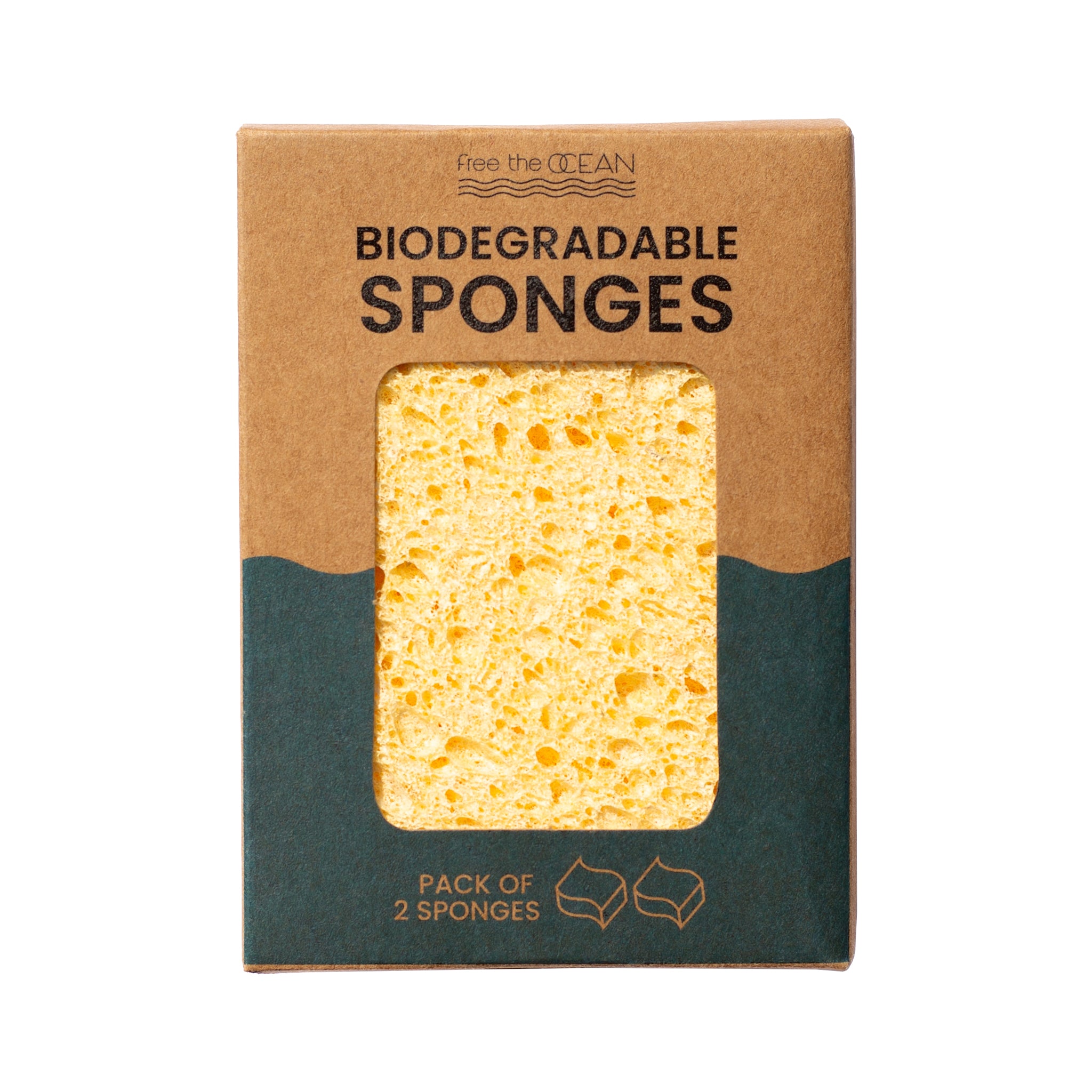Two biodegradable kitchen sponges packaged in a 100% recycled Kraft box with soy ink printing, displayed on a clean white background.