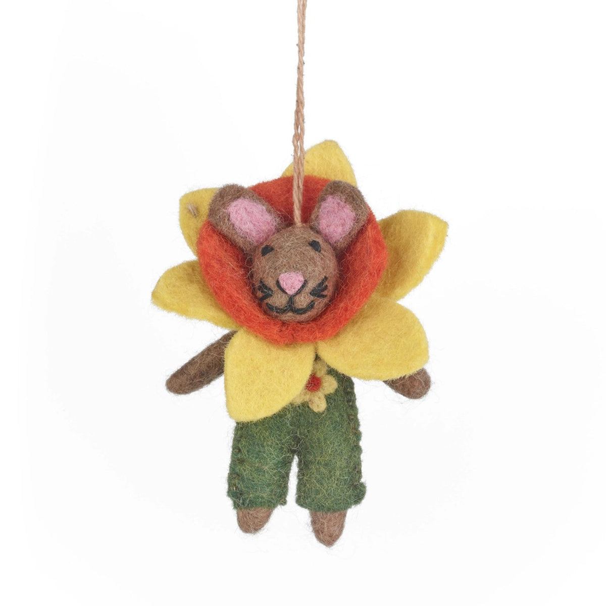 Felted mouse ornament with a flower hat on a white background