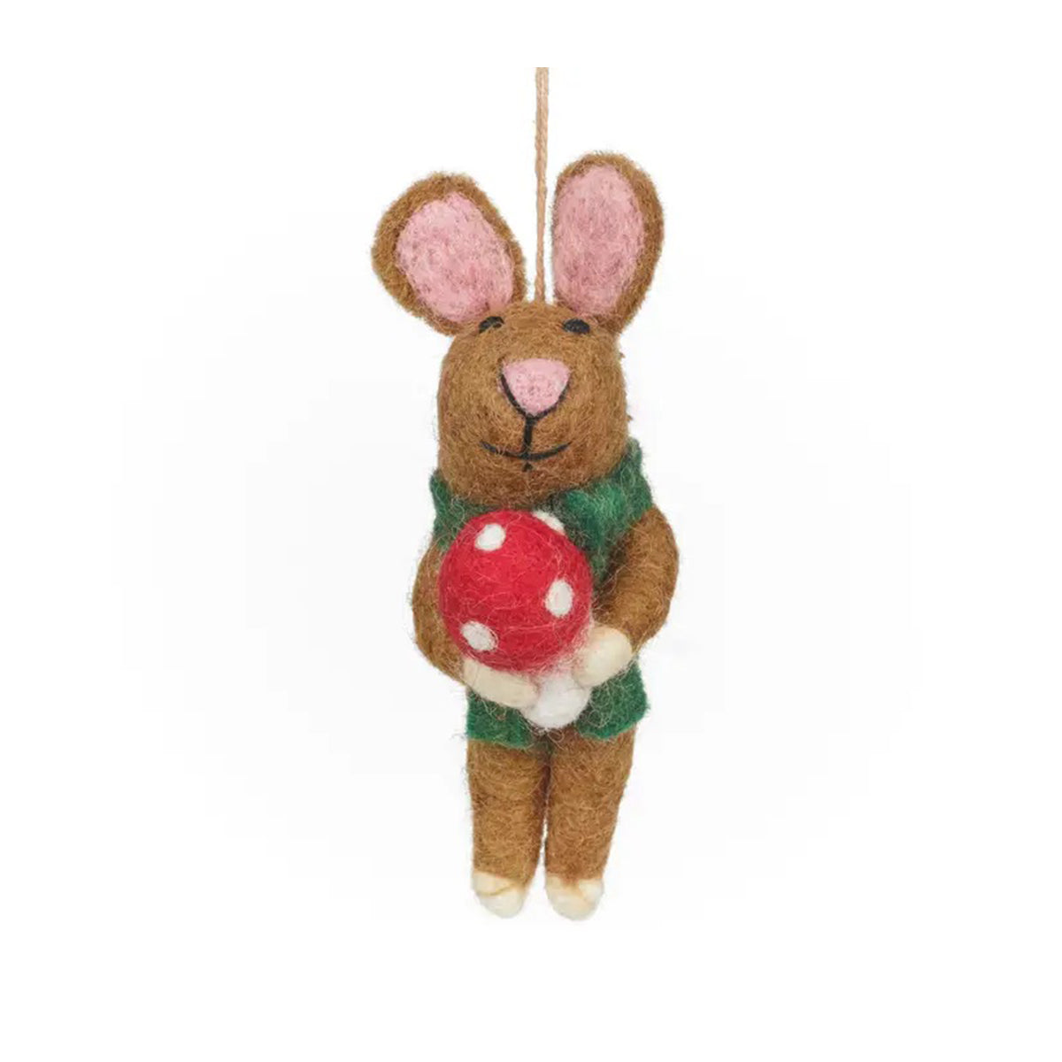 Felted mouse ornament holding a red mushroom on a white background