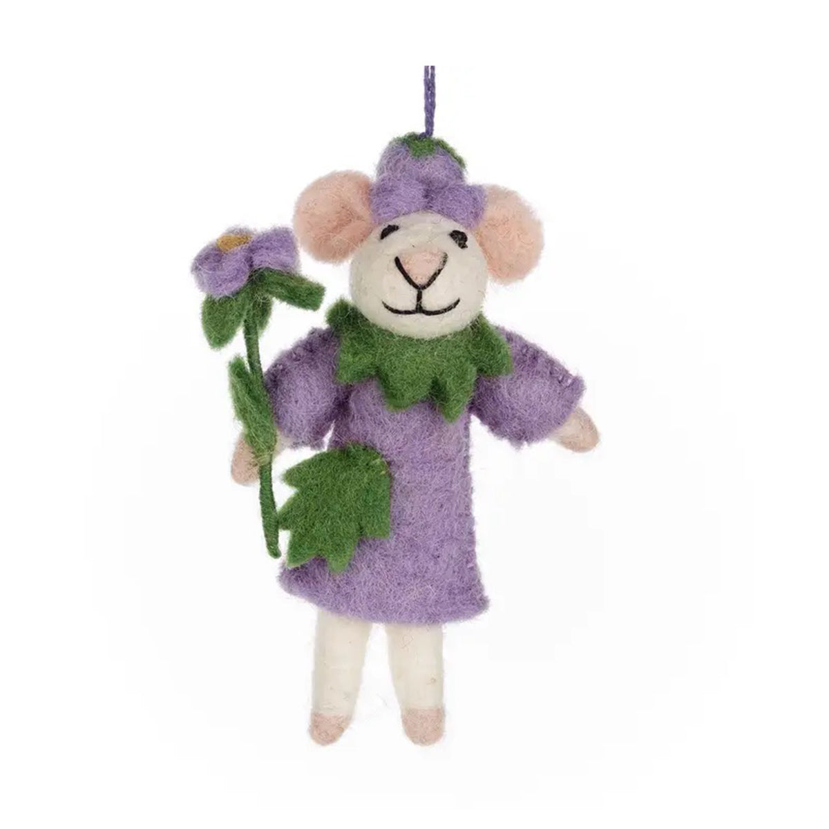 Stuffed mouse hanging felt in a purple dress holding a flower on a white background
