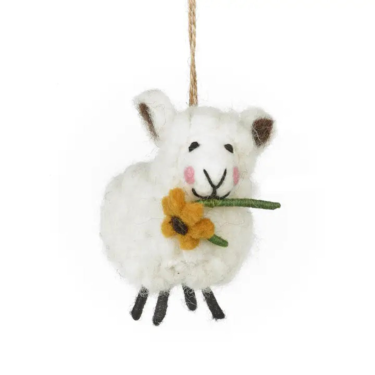 Decorative hanging felt sheep ornament holding a sunflower on a white background