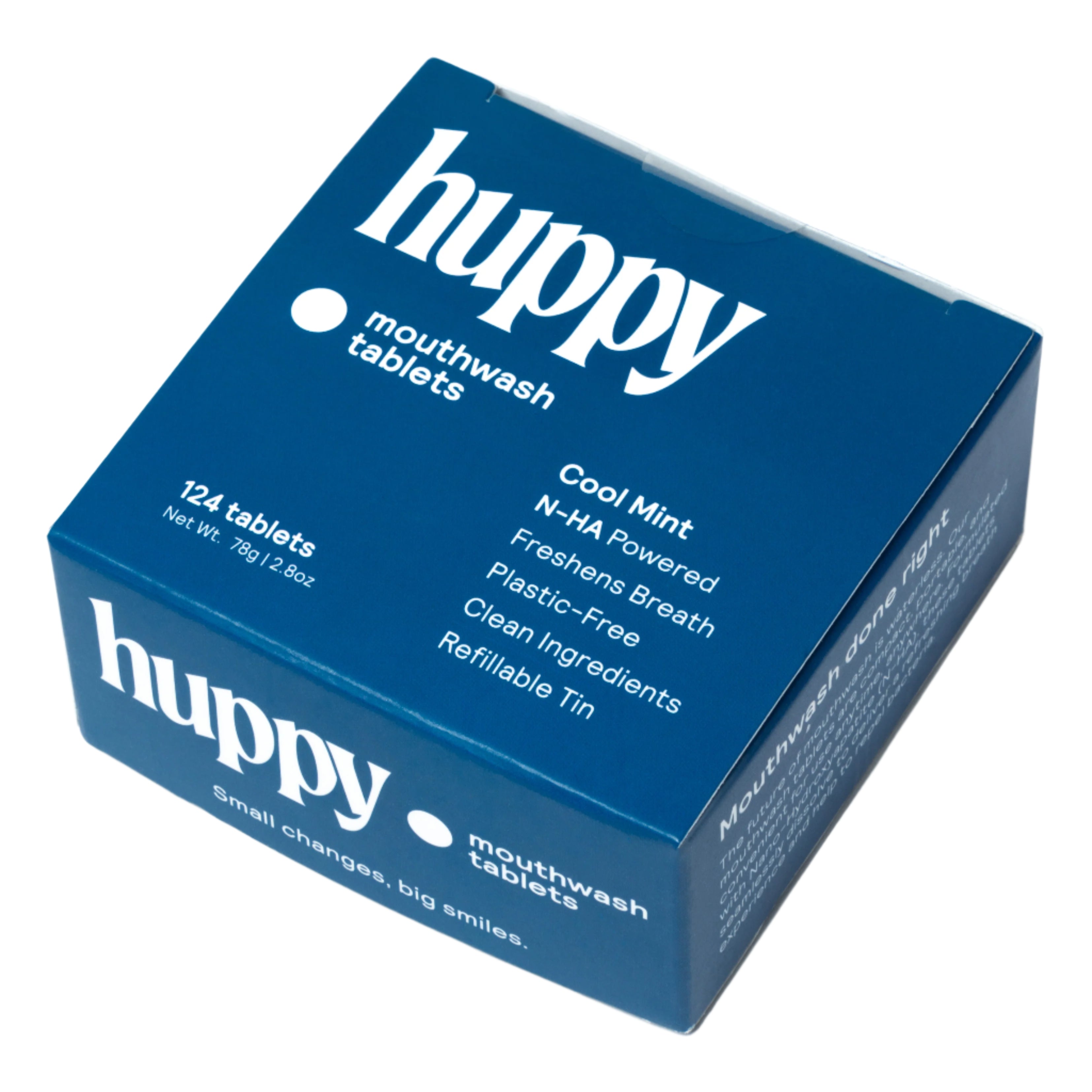 A three-quarters view of the Huppy mouthwash box shows the "Cool Mint" features and a new side panel that says "Mouthwash done right".