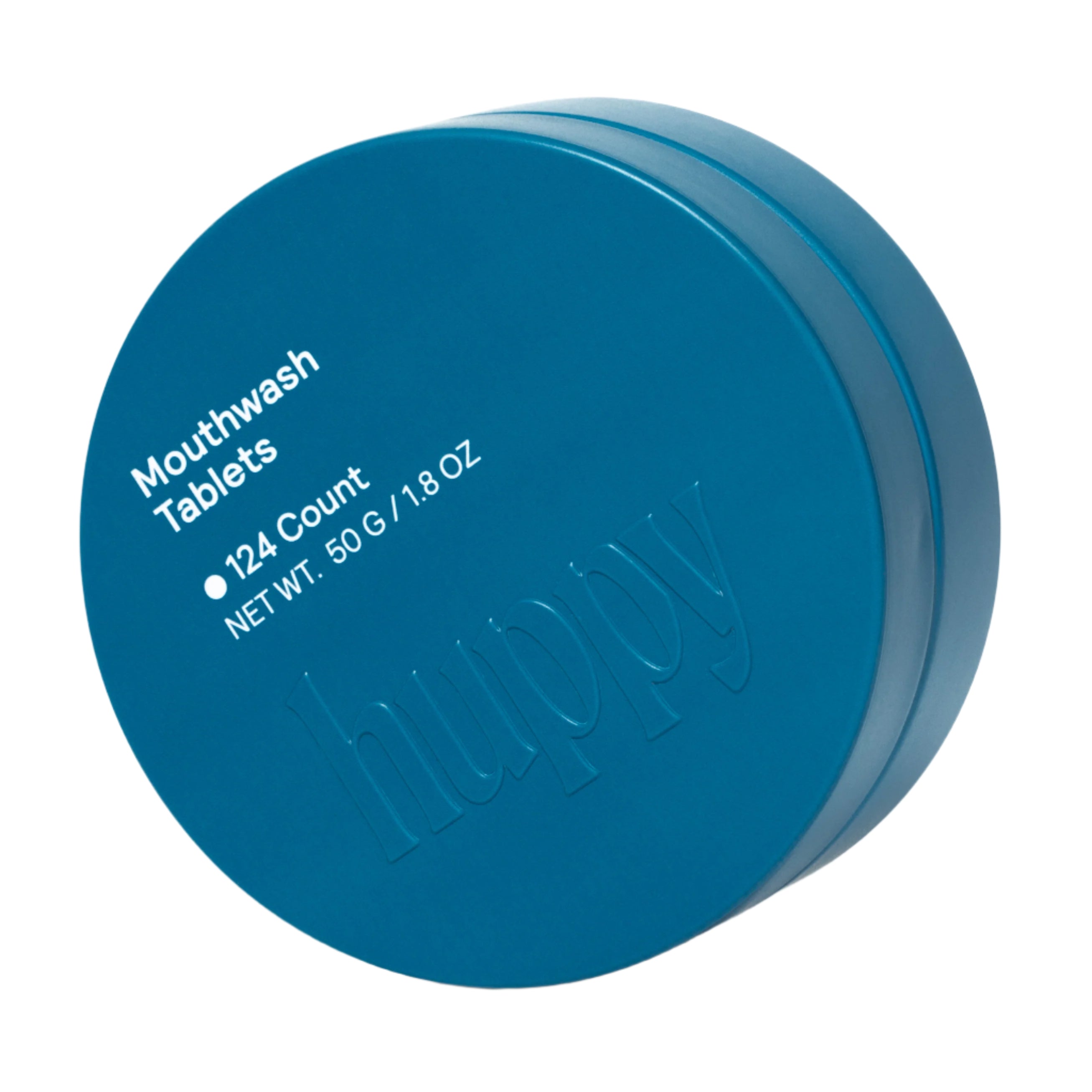 A cute close-up of a closed blue tin of Huppy Mouthwash Tablets. The lid features the brand's logo along with text that reads "124 Count" and "50 G / 1.8 OZ".