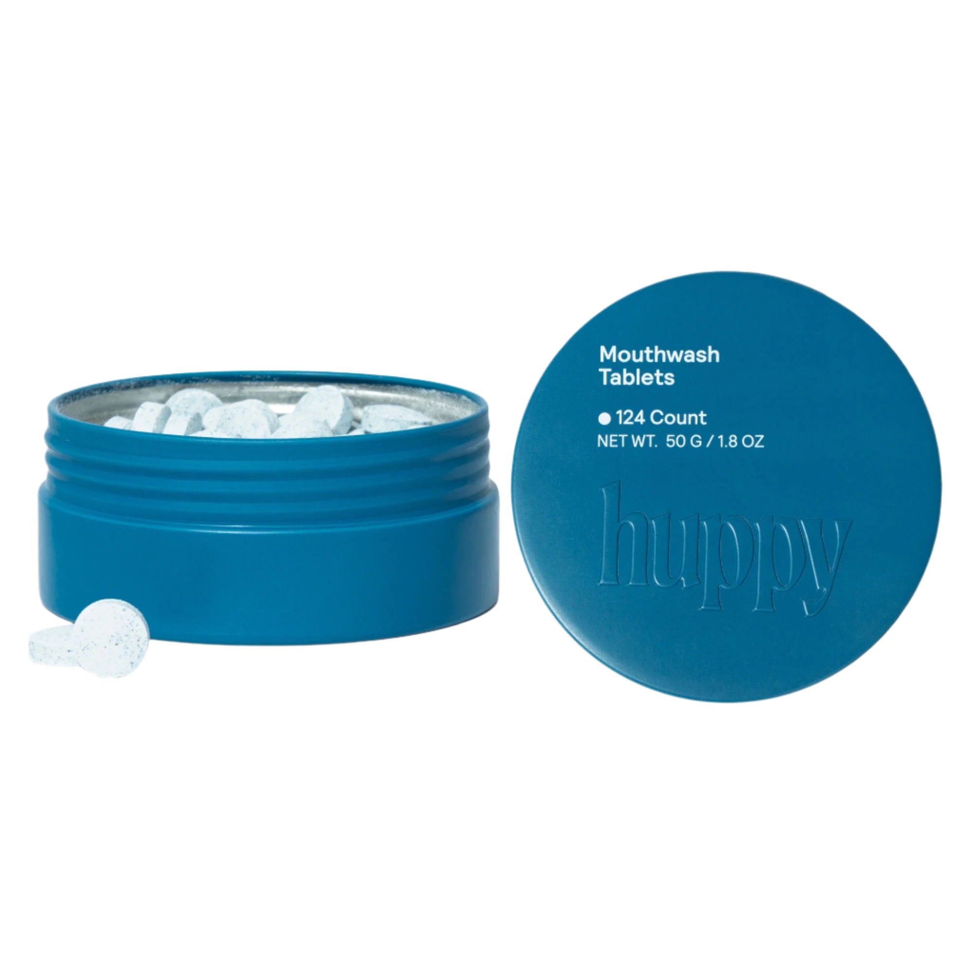 A blue tin of huppy Mouthwash Tablets is shown with the lid off. The lid says "124 Count" and "50 G / 1.8 OZ" and a few white tablets are visible inside and next to the tin.