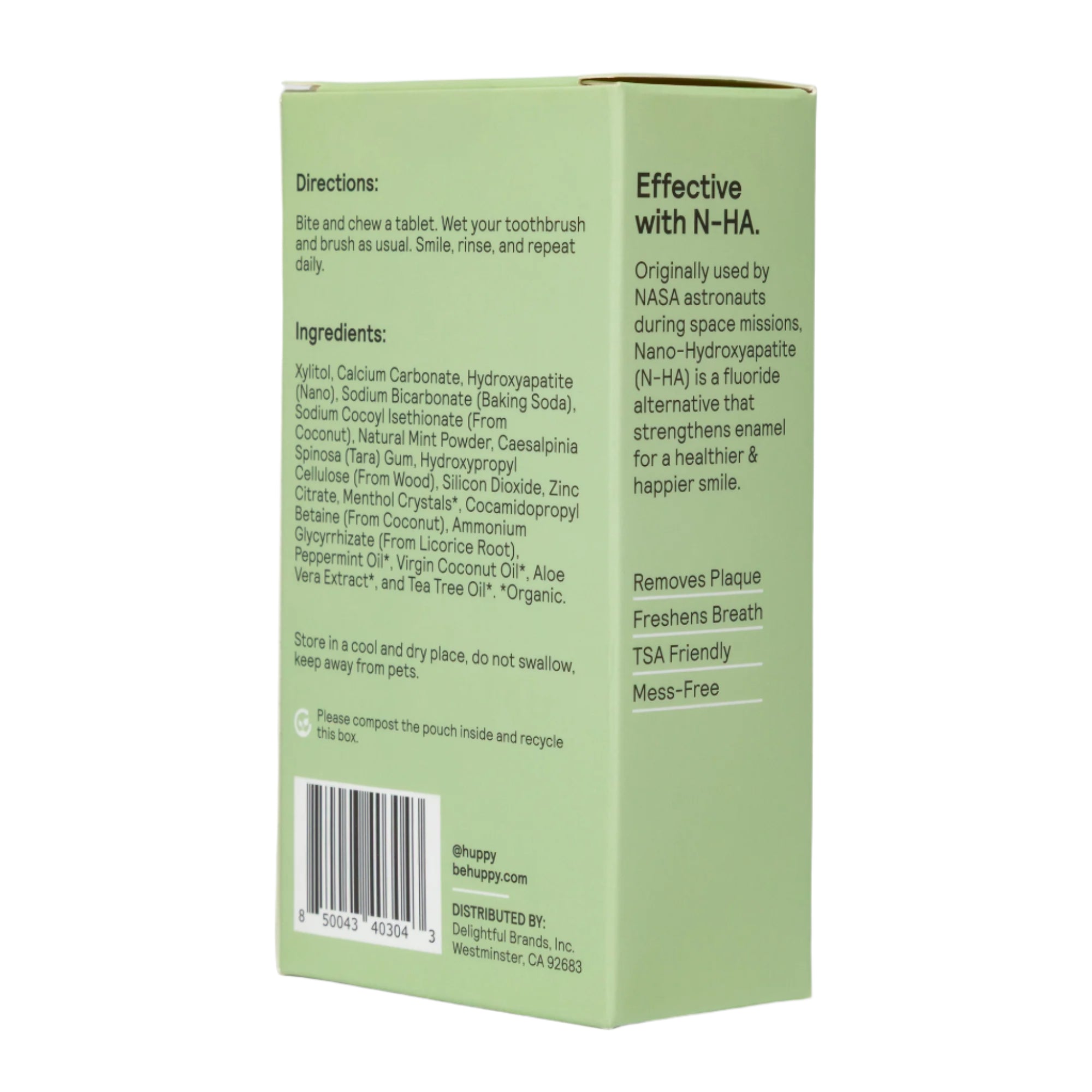The back of the 'huppy' toothpaste tablets refill box is shown, full ingredients list. The side panel explains the tablets are "Effective with N-HA," which "Removes Plaque," "Freshens Breath," and is "TSA Friendly."