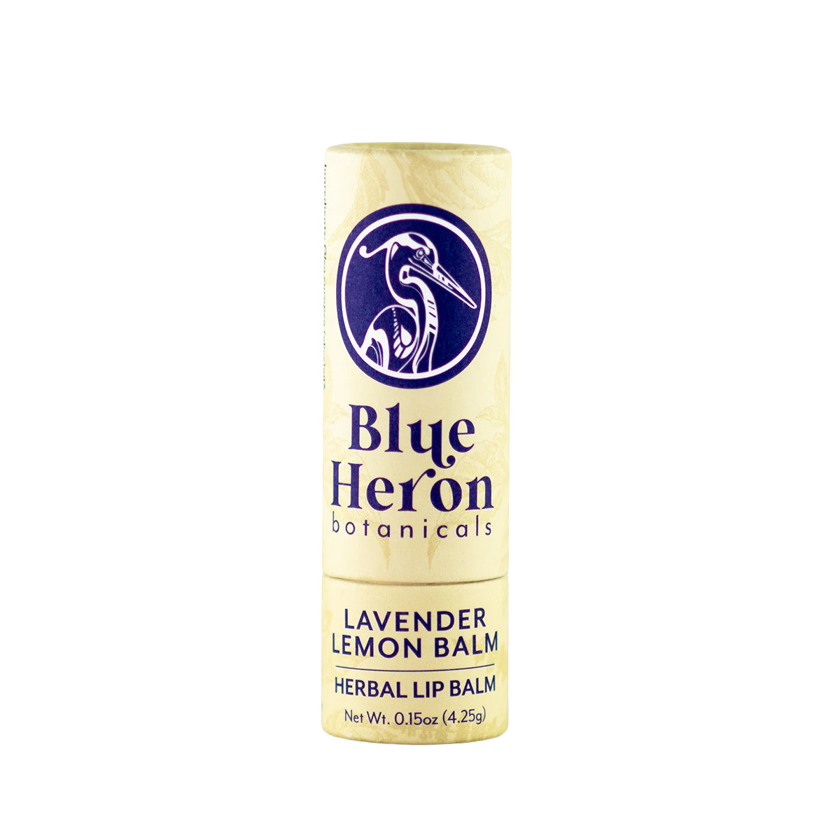 Lavender Lemon lip balm with Blue Heron Botanicals branding on a white background