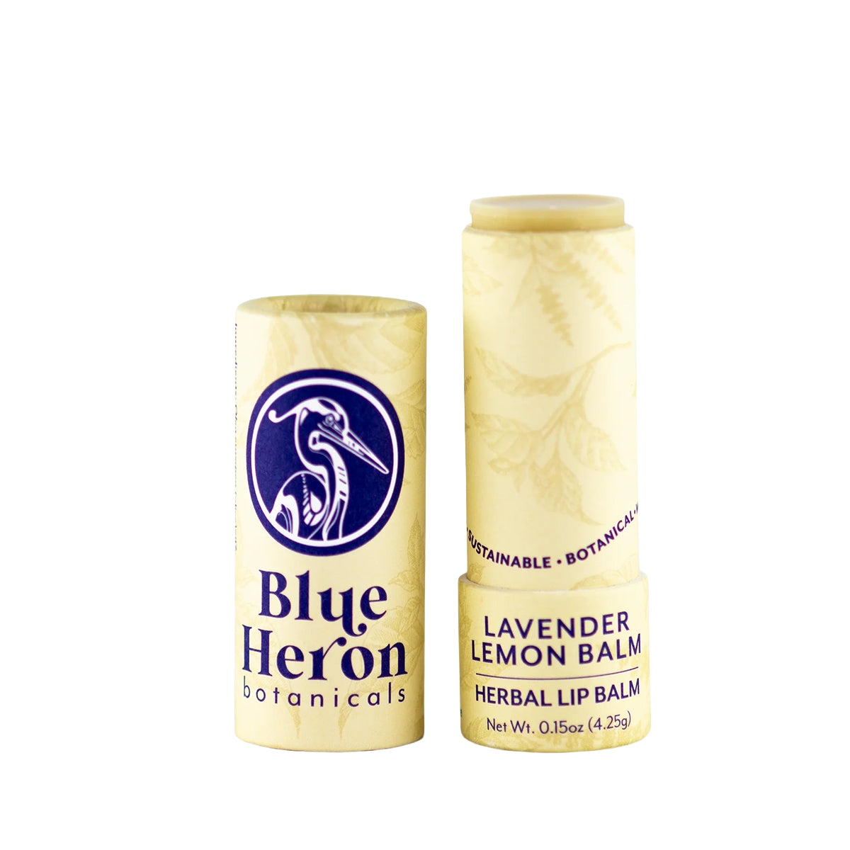 Lavender lemon lip balm stick with 'Blue Heron Botanicals' branding on a white background