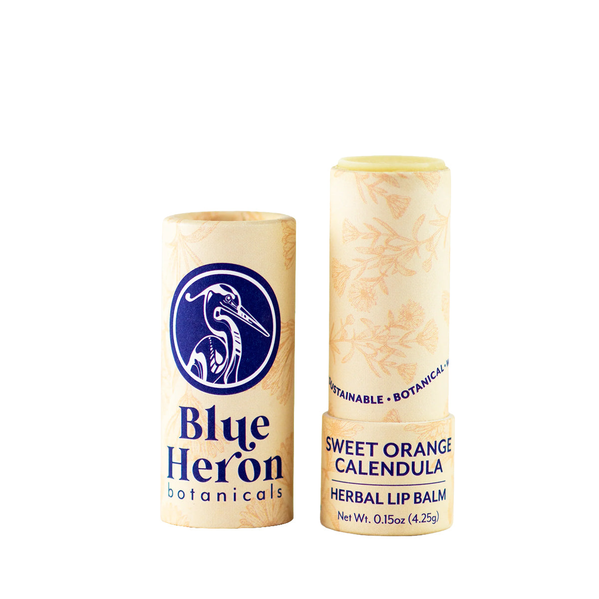 Sweet orange calendula lip balm tube with 'Blue Heron Botanicals' branding on a white background