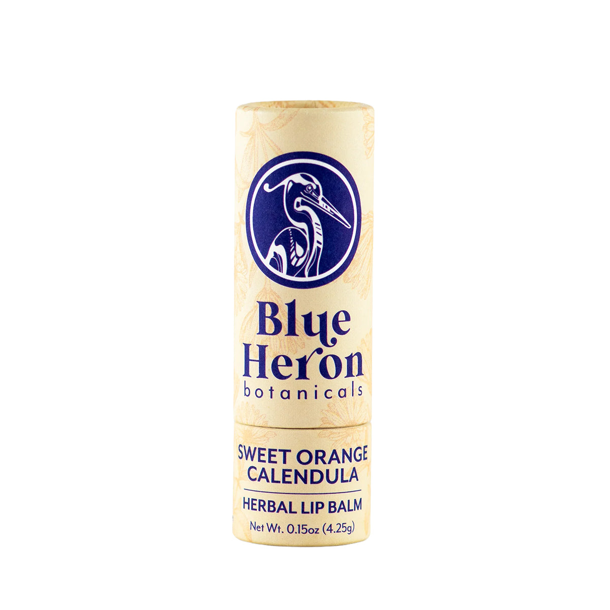 Blue Heron Botanicals sweet orange calendula lip balm on a white background