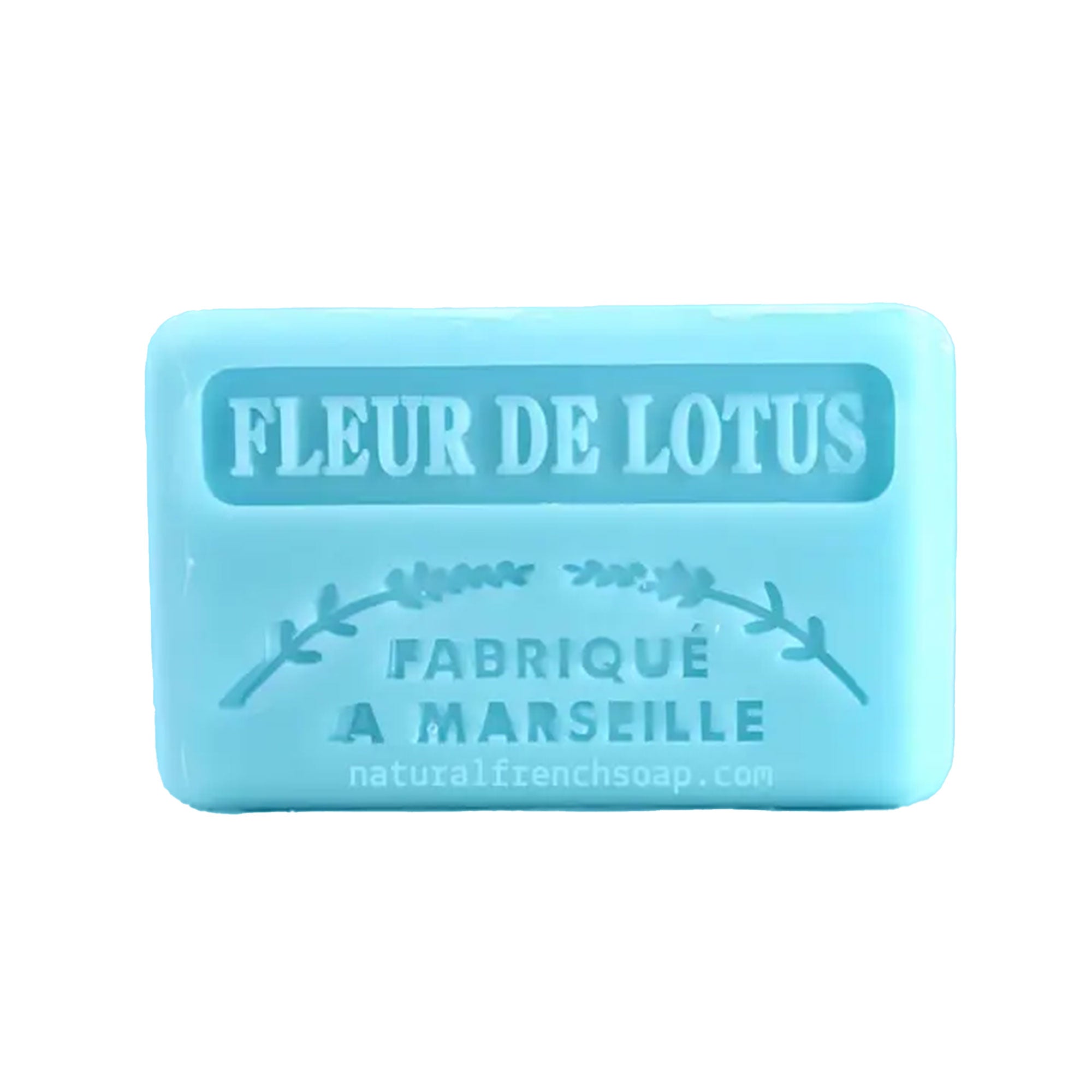 Blue soap bar with 'Fleur de Lotus' branding on a white background