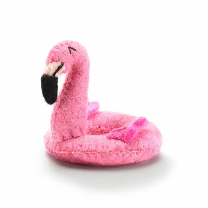 A felted wool flamingo cat toy with a long neck, made from natural fibers and organic catnip for playful cats.
