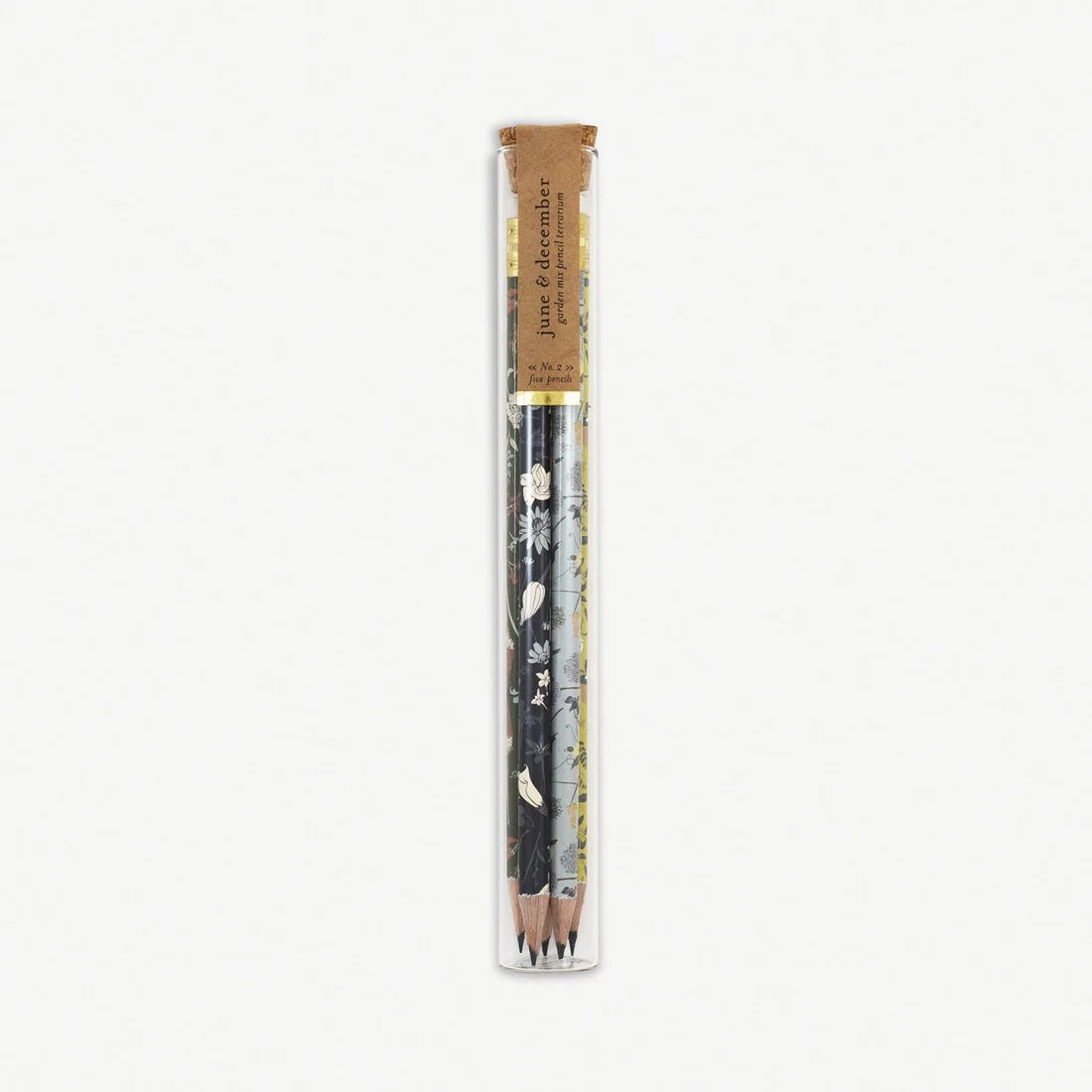 Cylinder container holding five eco-friendly pencils featuring a variety of nature-inspired designs, in glass packaging that can be reused as a terrarium or vase.