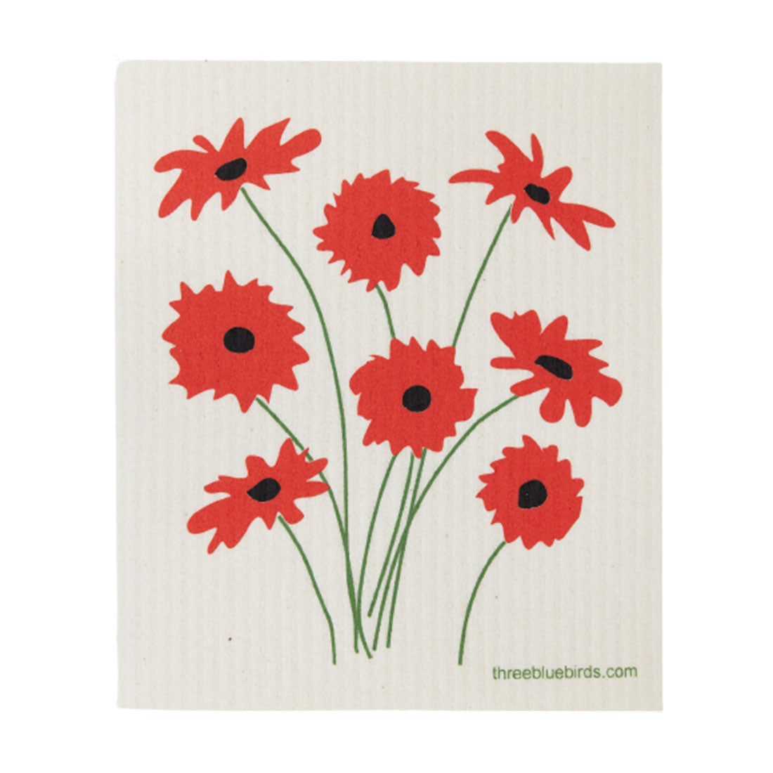 Vibrant tangerine Gerbera daisies with fresh green stems dominate this biodegradable reusable Swedish cloth