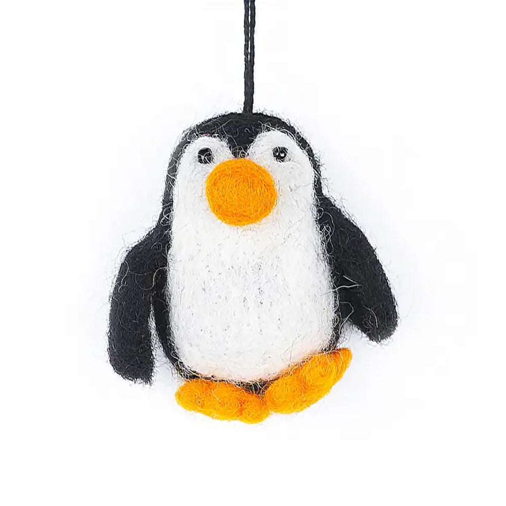 Hanging felt penguin ornament with black, white, and orange colors on a white background