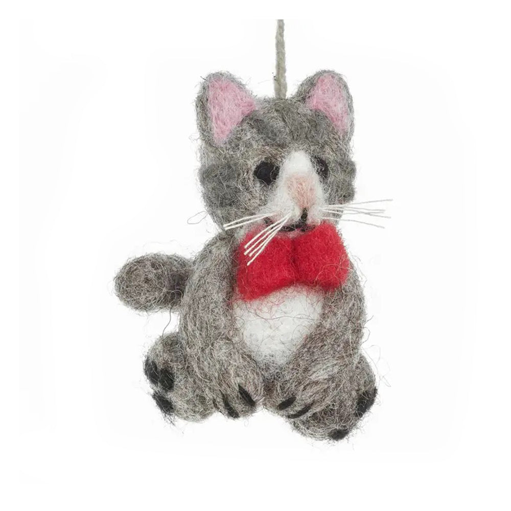 Gray cat-shaped hanging felt ornament with a red bow tie on a white background