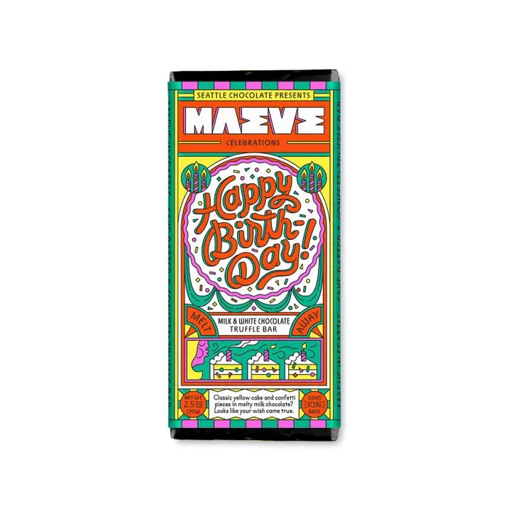 Fair-Trade Maeve “Happy Birthday” truffle bar in its colorful, plastic-free packagin. Made with ethically sourced ingredients, non-GMO, and Kosher certified.