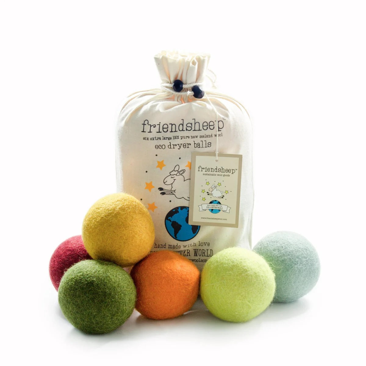 Set of six wool dryer balls in red, olive green, yellow, orange, grass green, and light blue with a cotton drawstring bag.