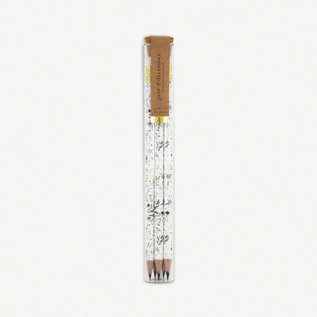 Cylinder container holding five eco-friendly pencils with a green leaf design, packaged in a reusable glass vessel perfect for plant propagation.