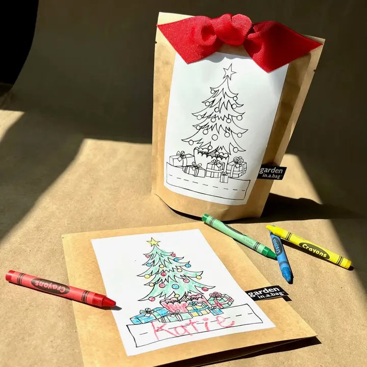 A "garden in a bag" Christmas-themed kit is shown, featuring a brown paper pouch with a red bow and a coloring page of a decorated tree and a dashed line for whom this is gifted
