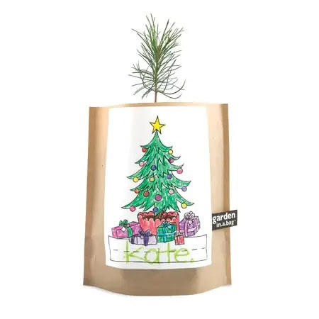A small evergreen sapling is growing in a brown paper "garden in a bag" pot. The pot's label features a hand-drawn Christmas tree with presents, and the name "kate" is written below it, creating a unique and personalized holiday gift.
