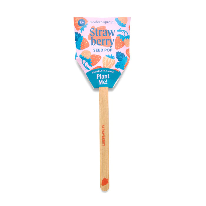 A single "Strawberry" seed pop on a bamboo stick. The colorful package features fun strawberry illustrations and the text "Plant Me!" making it a cute way to grow a tasty treat.