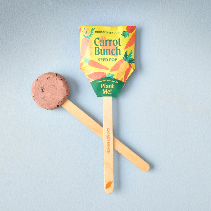 A carrot bunch seed pop on its bamboo stick, shown next to its round, brown planting pod. The colorful package illustrates growing carrots.