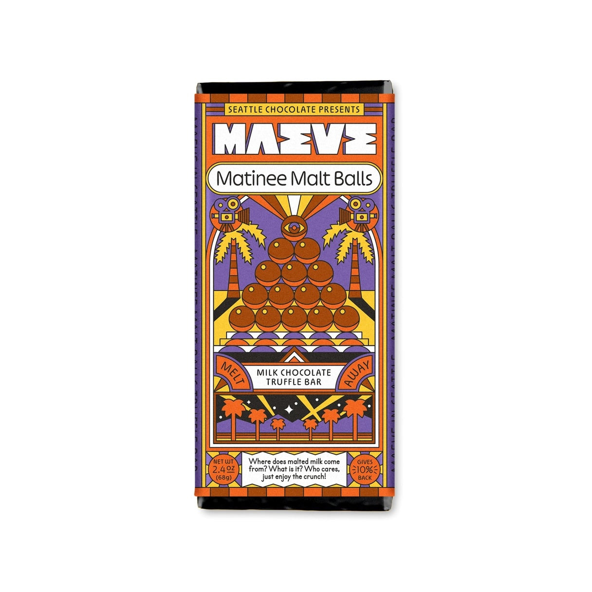 Maeve “Matinee Malt Balls” truffle bar photographed against a clean white background, highlighting its colorful, retro packaging.