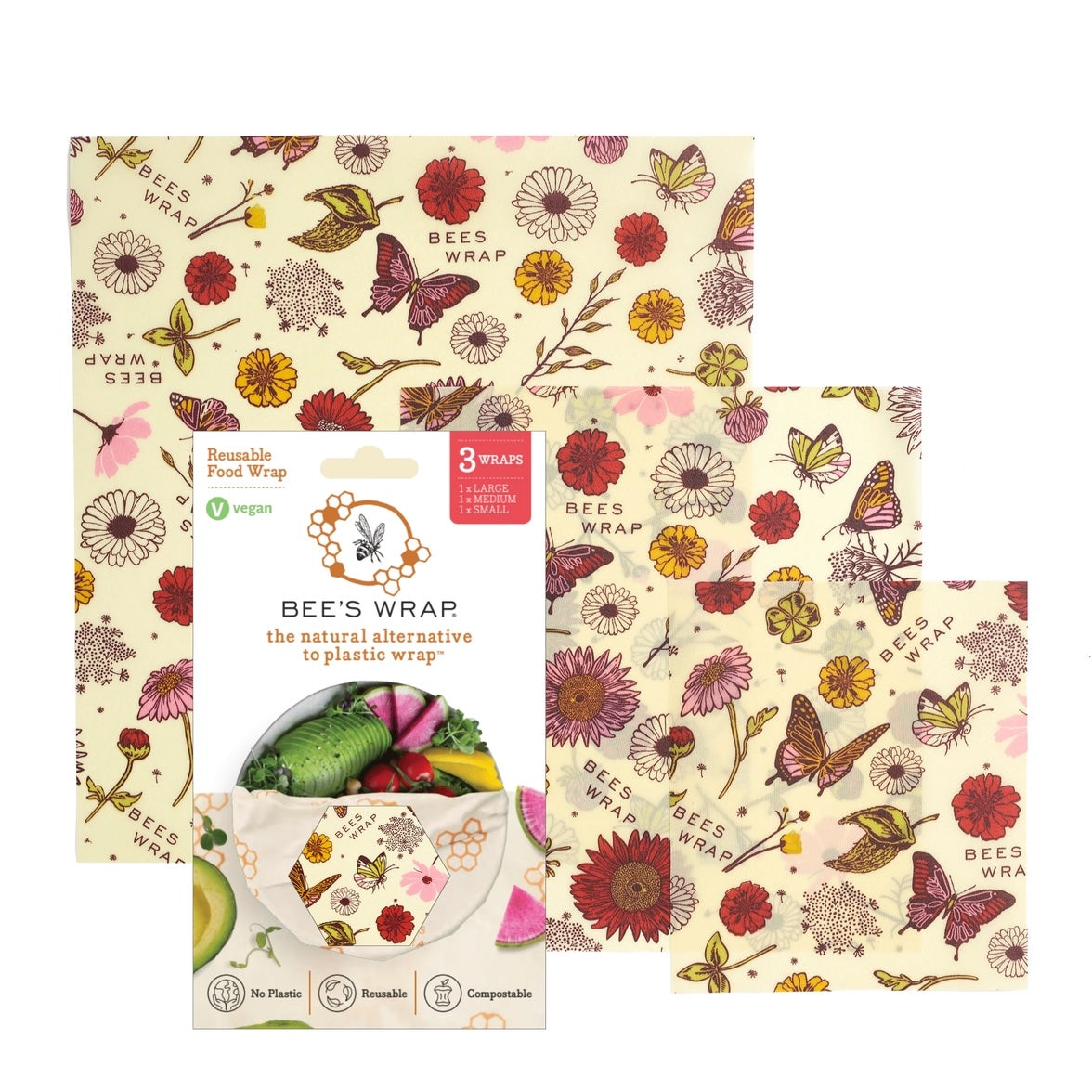 Bees Wrap reusable food wrap with red and yellow flowers, butterflies, and bees pattern shown in packaging and three sizes.