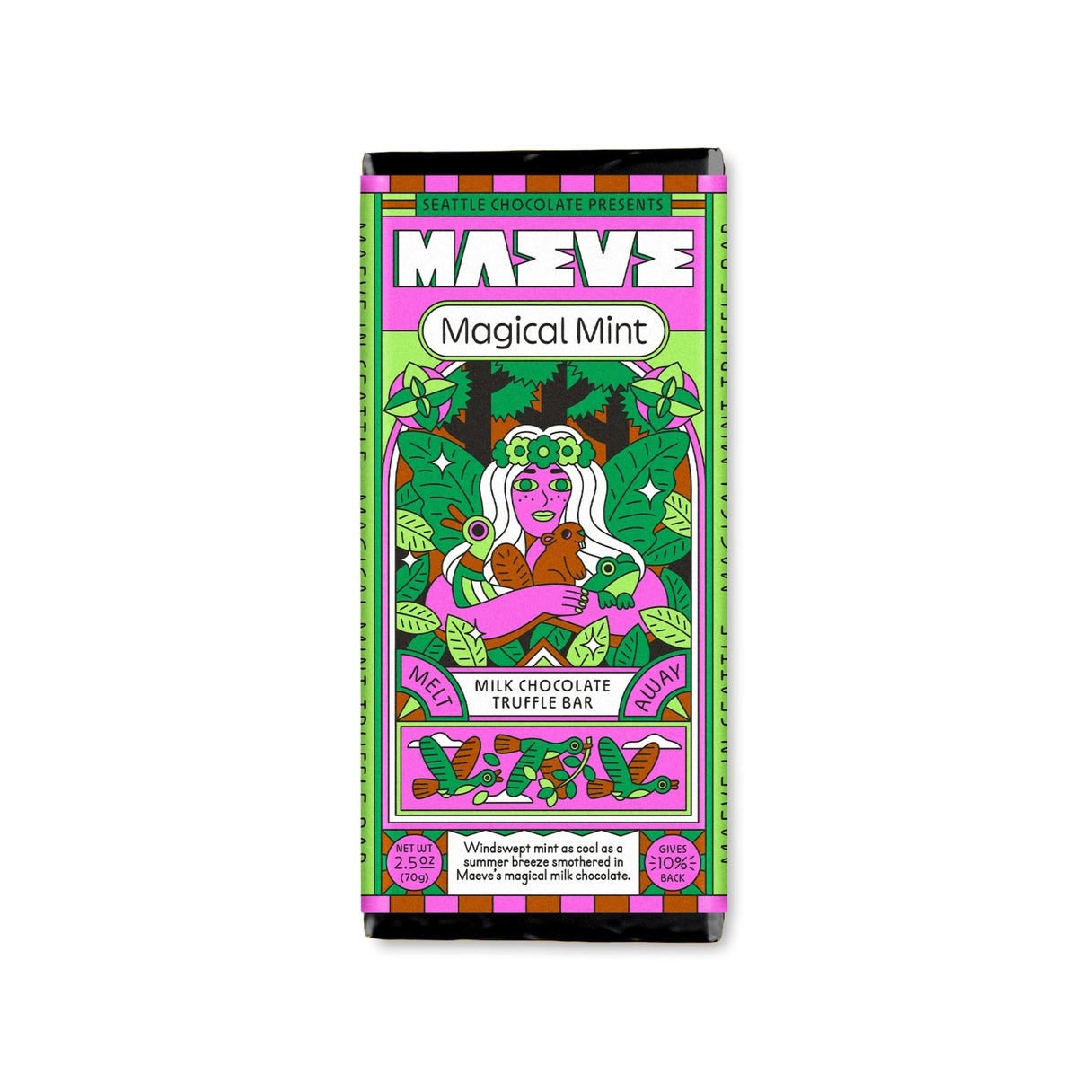 Maeve “Melt Away Mint” truffle bar shown in its packaging on a neutral background, highlighting its clean design and fair-trade, plant-based ingredients.