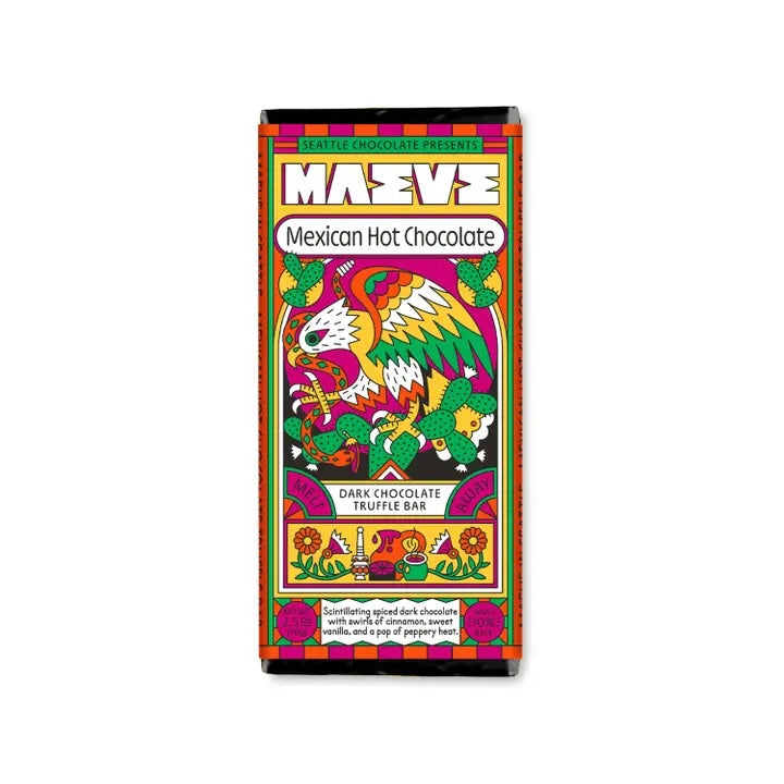 Maeve “Mexican Hot Chocolate” truffle bar in full packaging on a white background, highlighting its simple, elegant design with warm flavor hints—no props or background items.