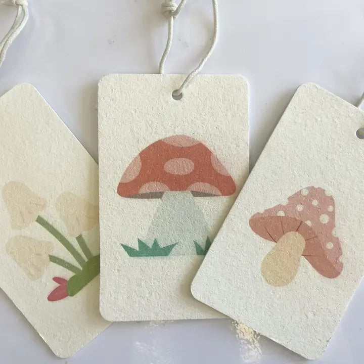 Set of three compostable eco sponges from the Mushroom collection, showcasing mushroom images and made from fully compostable wood cellulose.